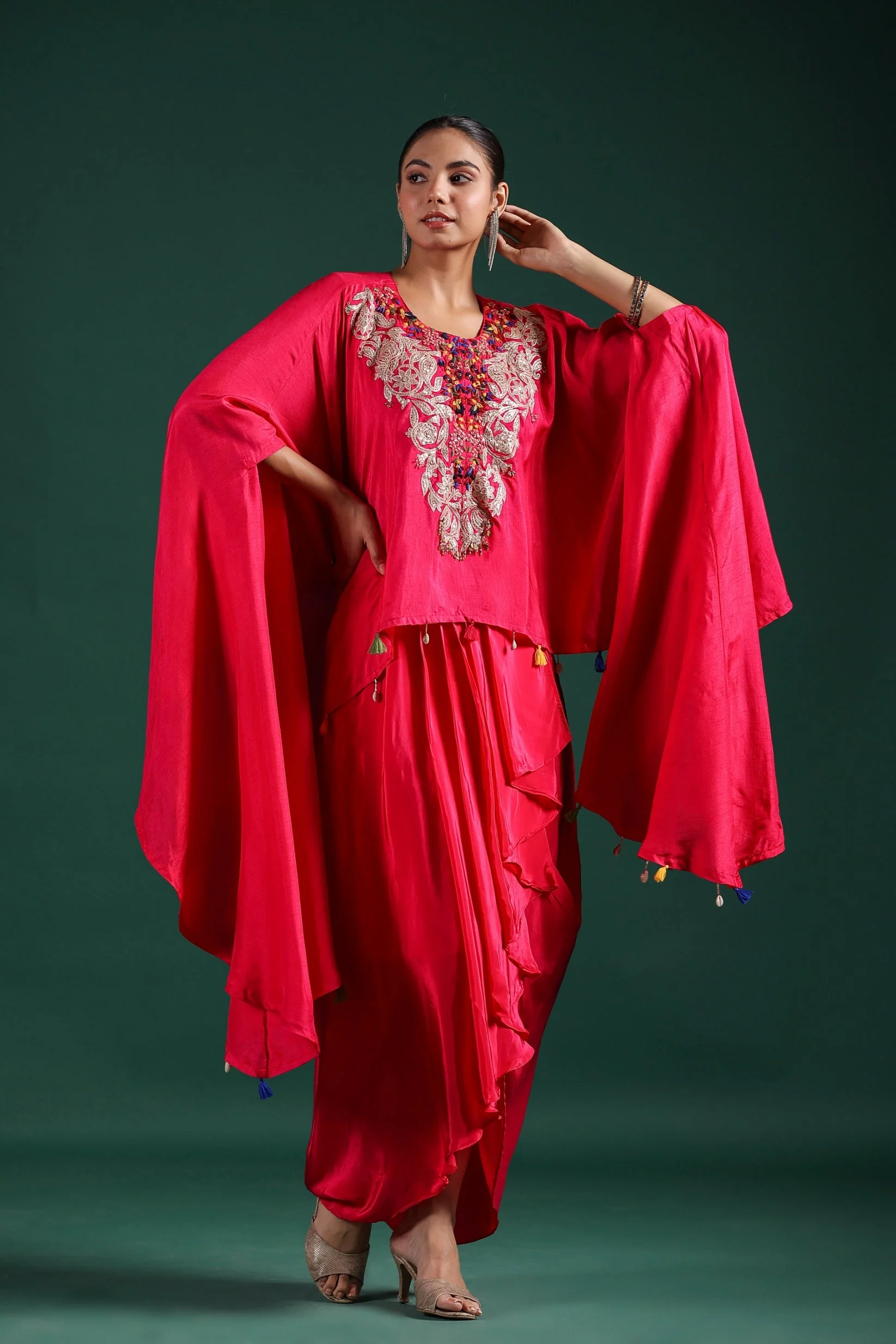 Red Embroidered Raw Silk Skirt Set - Image 3