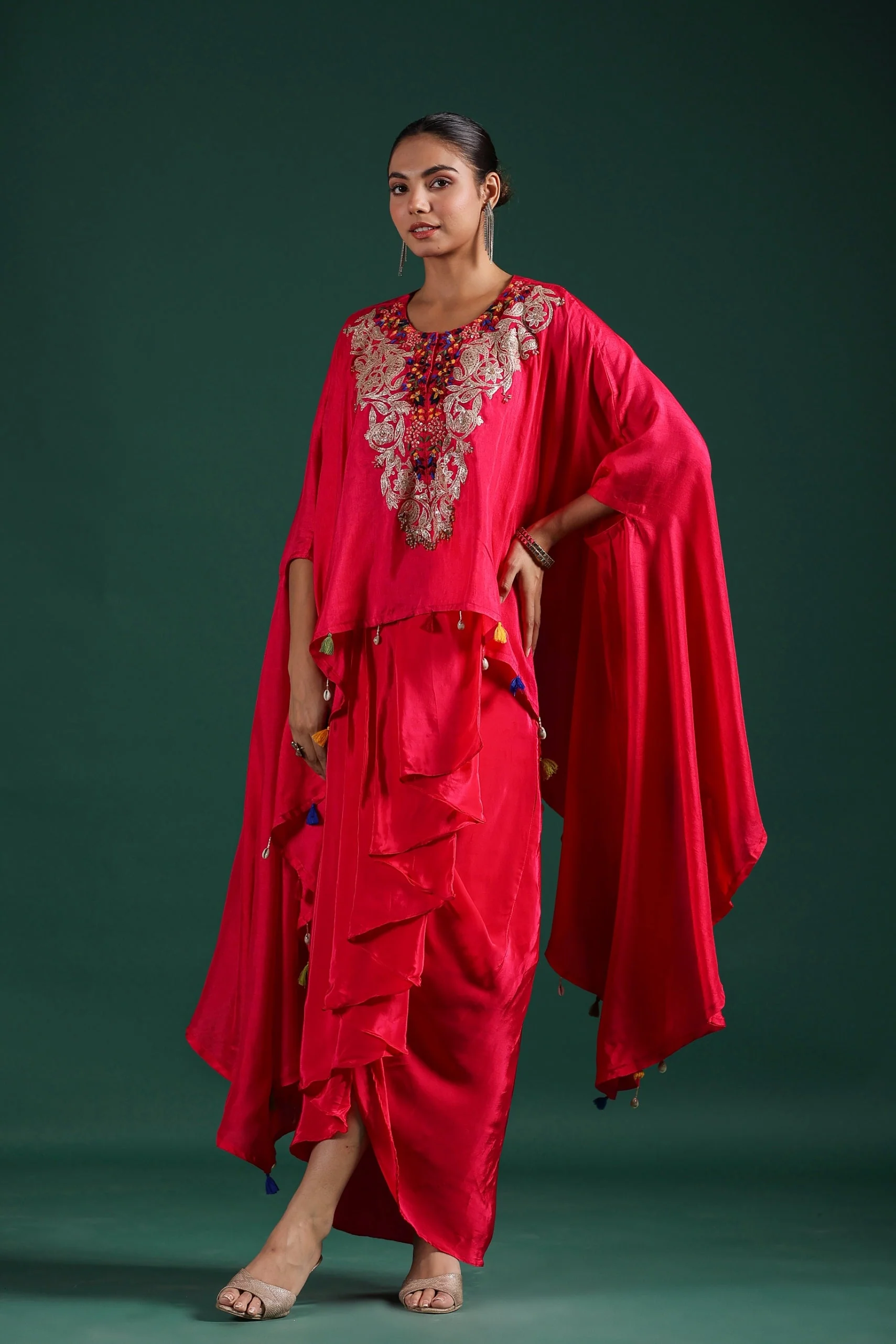 Red Embroidered Raw Silk Skirt Set - Image 4