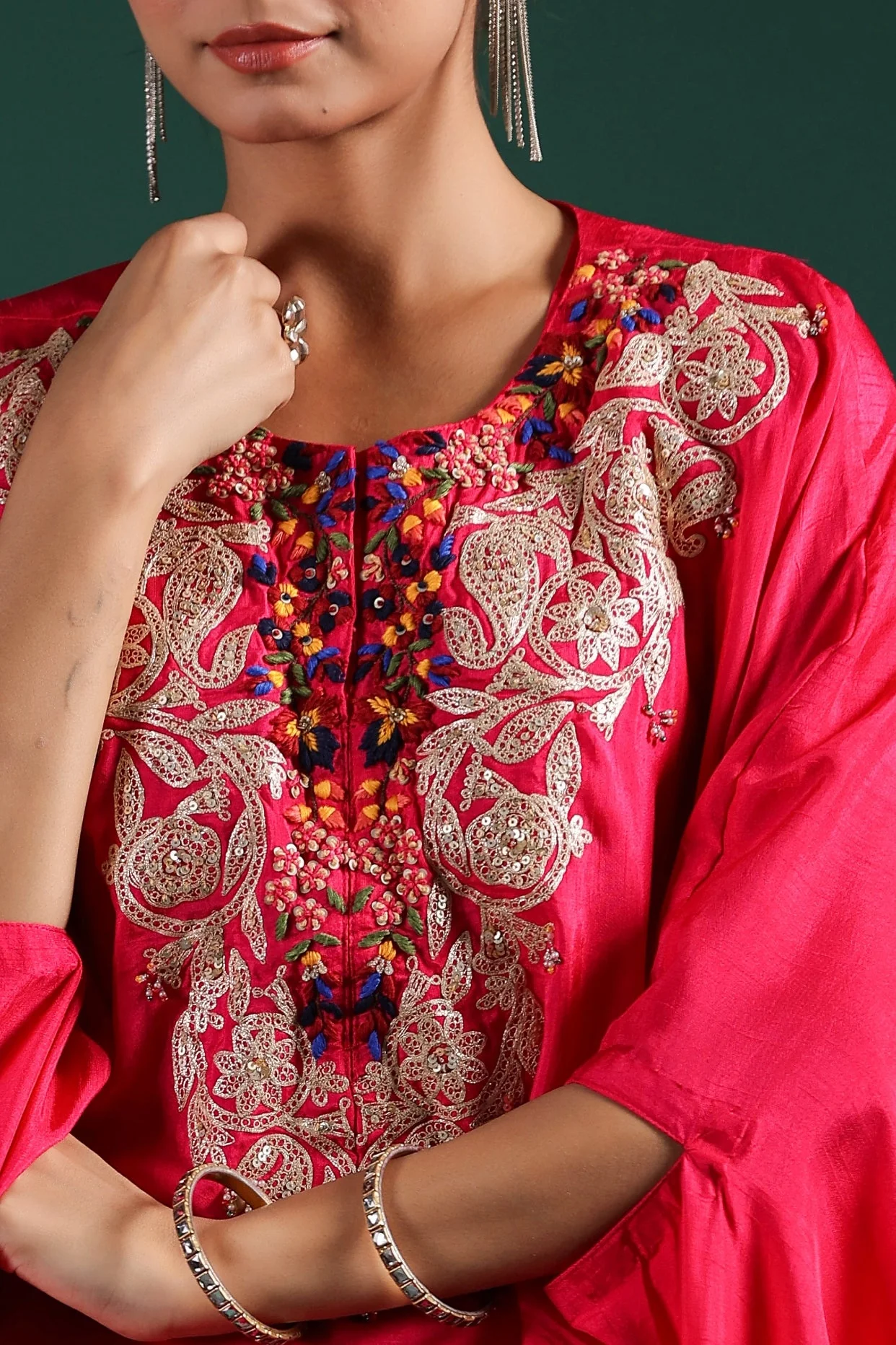 Red Embroidered Raw Silk Skirt Set - Image 5