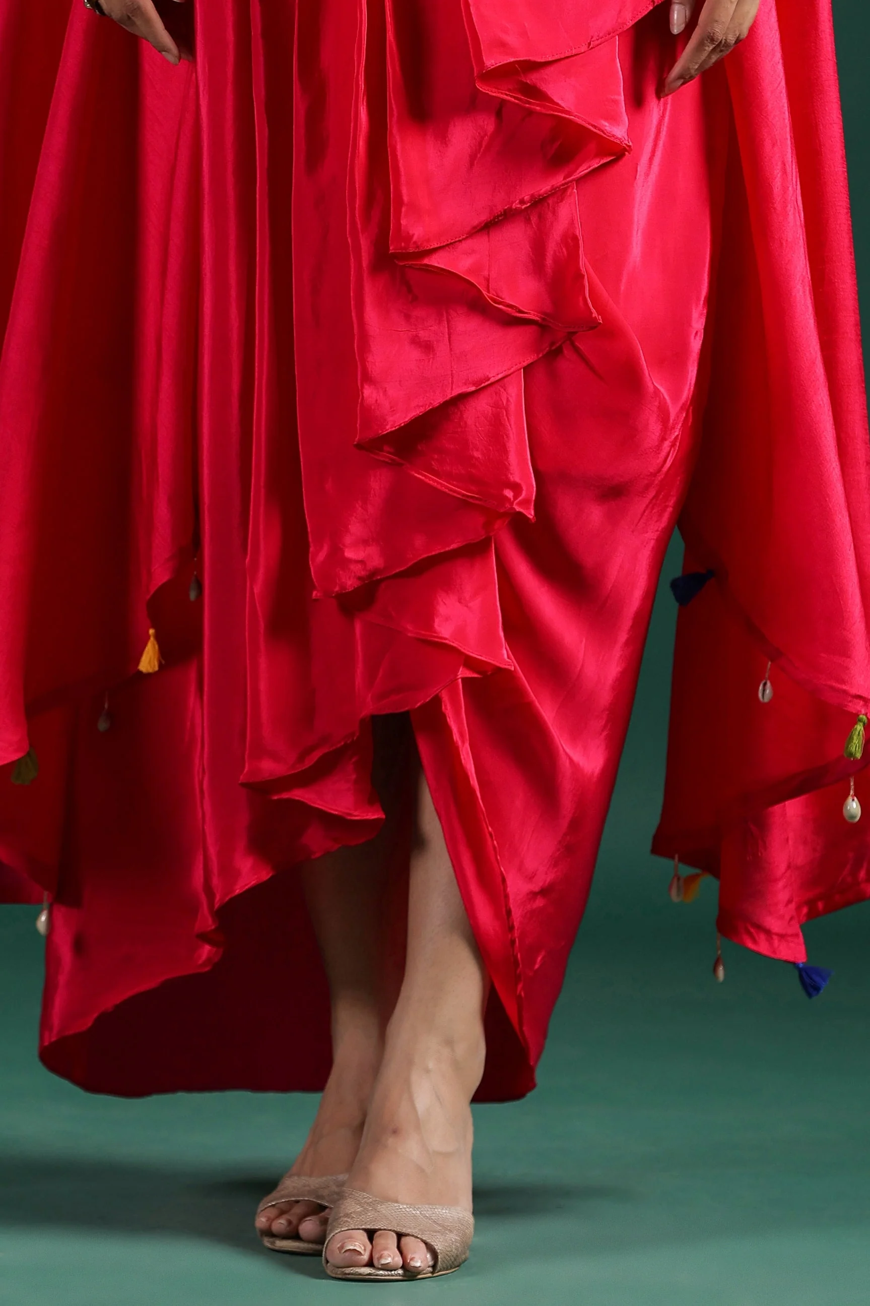 Red Embroidered Raw Silk Skirt Set - Image 7