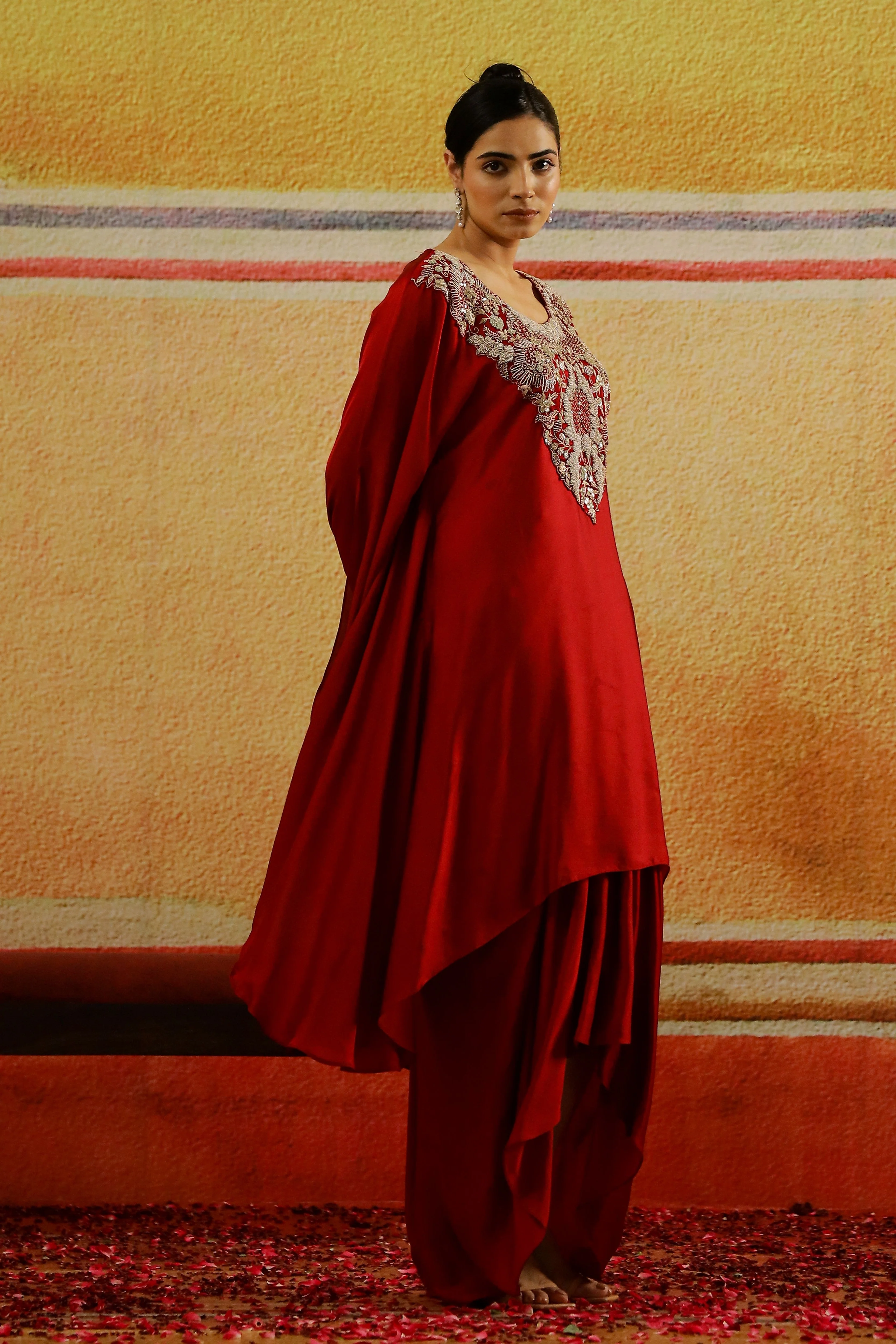 Red Embroidered Satin Silk Kaftan & Skirt Set - Image 3