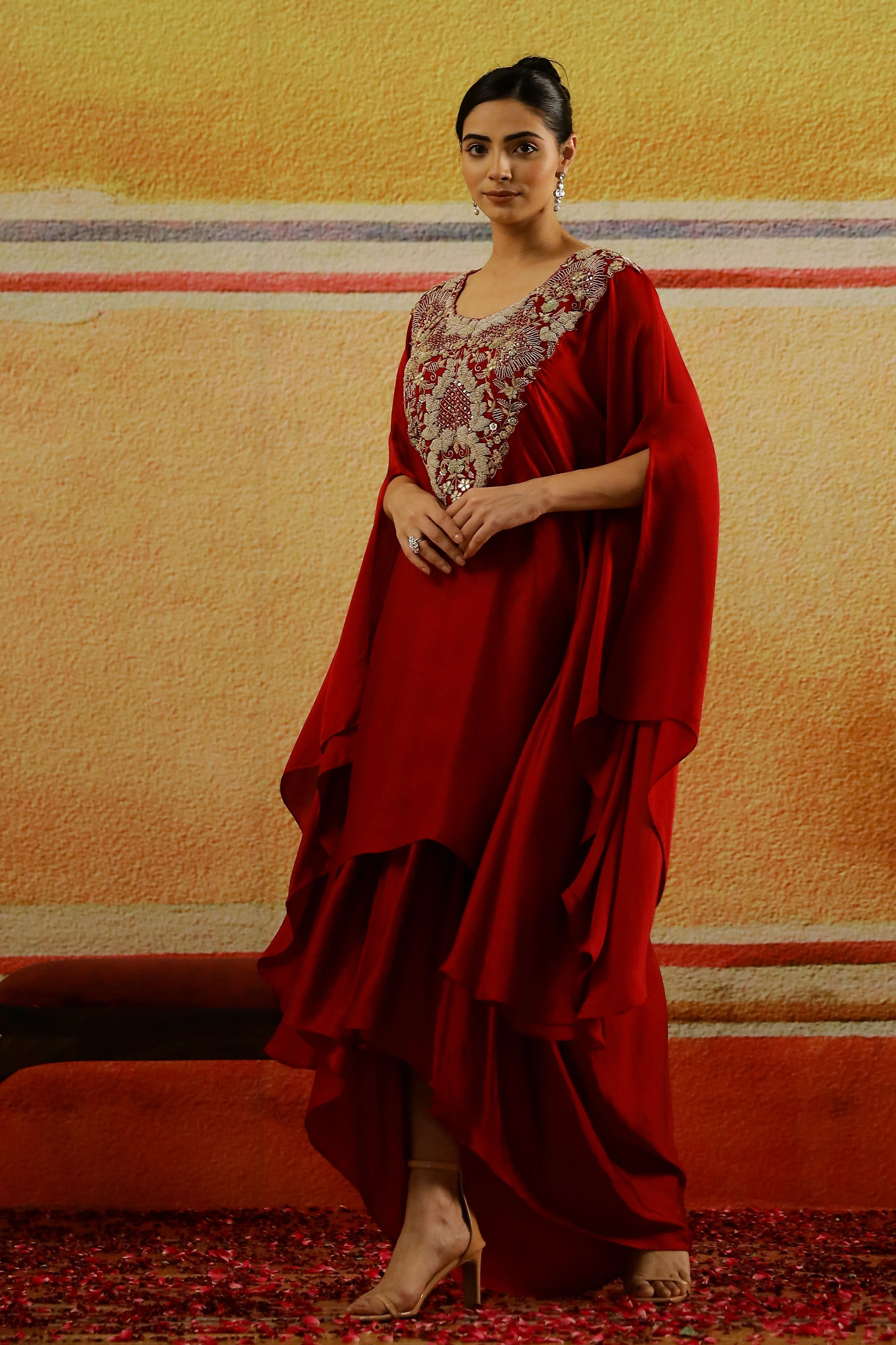 Red Embroidered Satin Silk Kaftan & Skirt Set - Image 4
