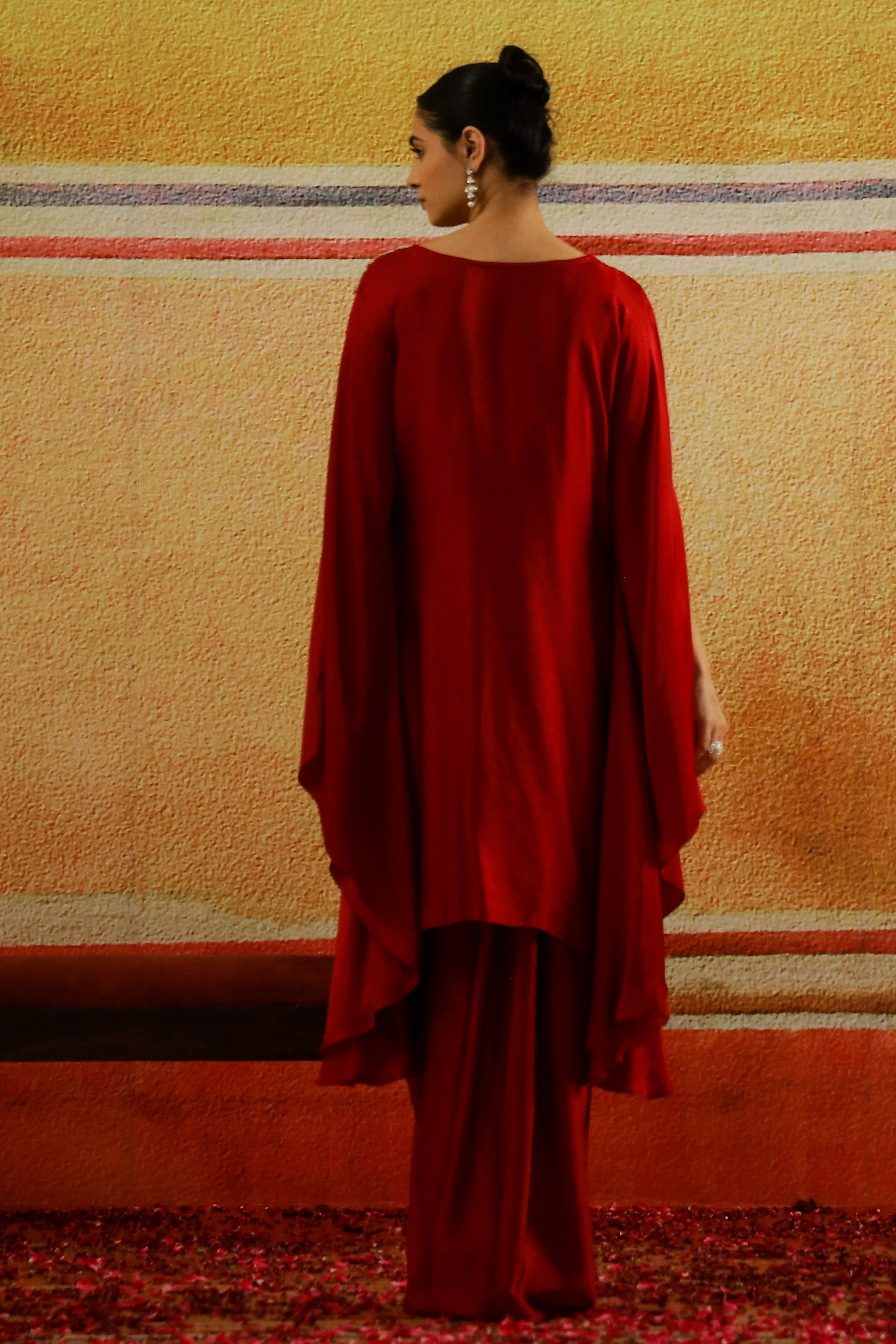 Red Embroidered Satin Silk Kaftan & Skirt Set - Image 5