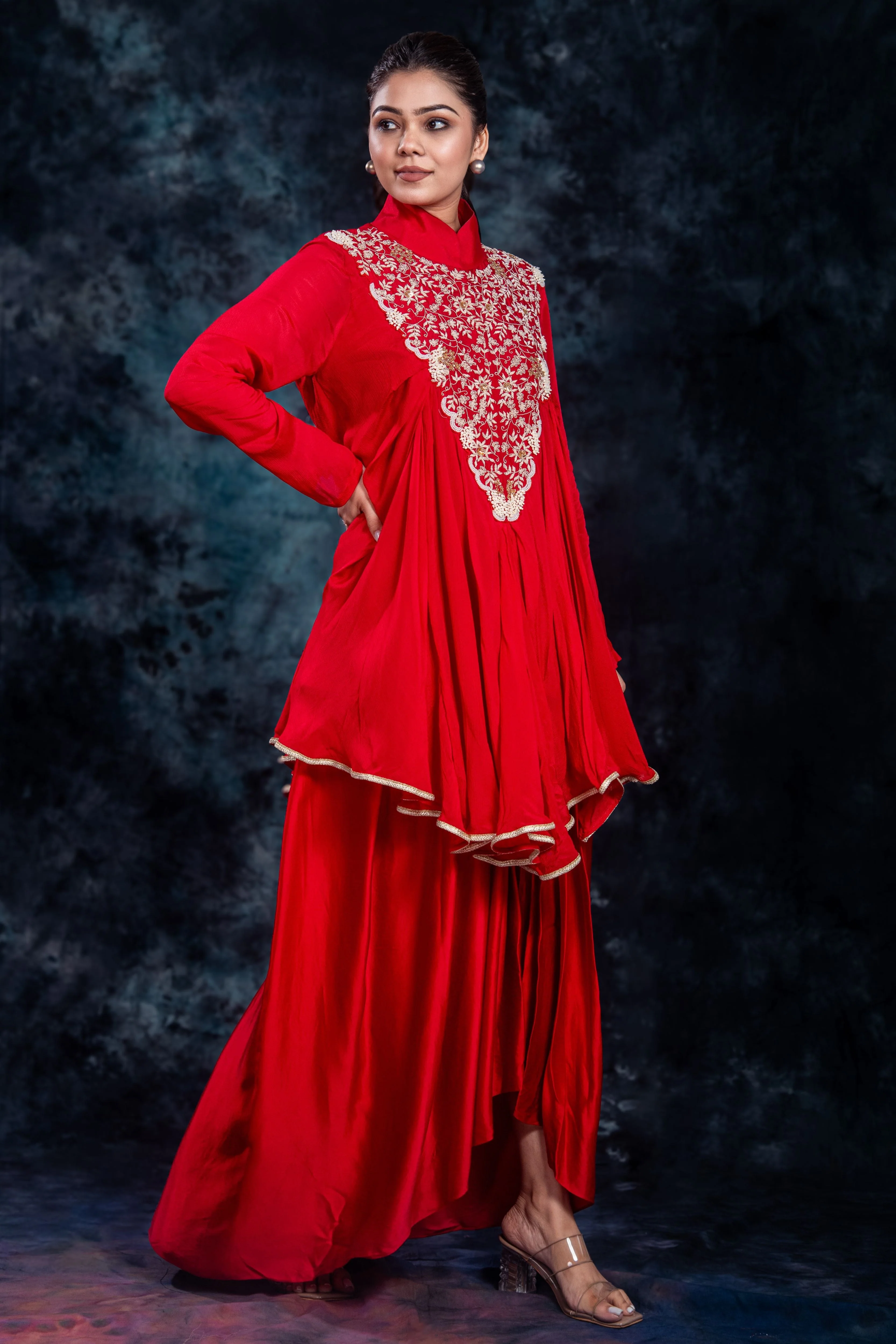 Red Embroidered Satin Silk Skirt Set - Image 2