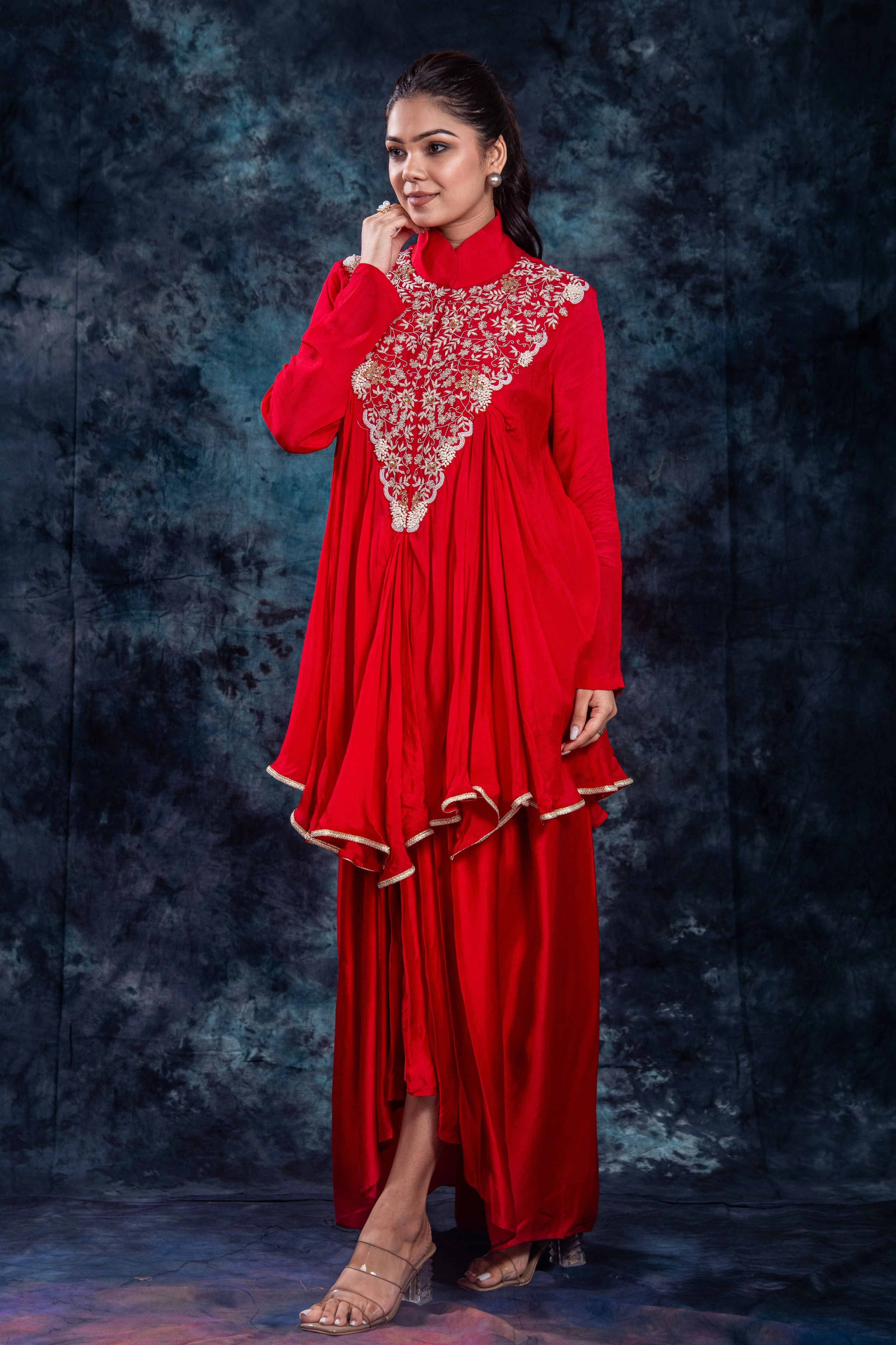 Red Embroidered Satin Silk Skirt Set - Image 3