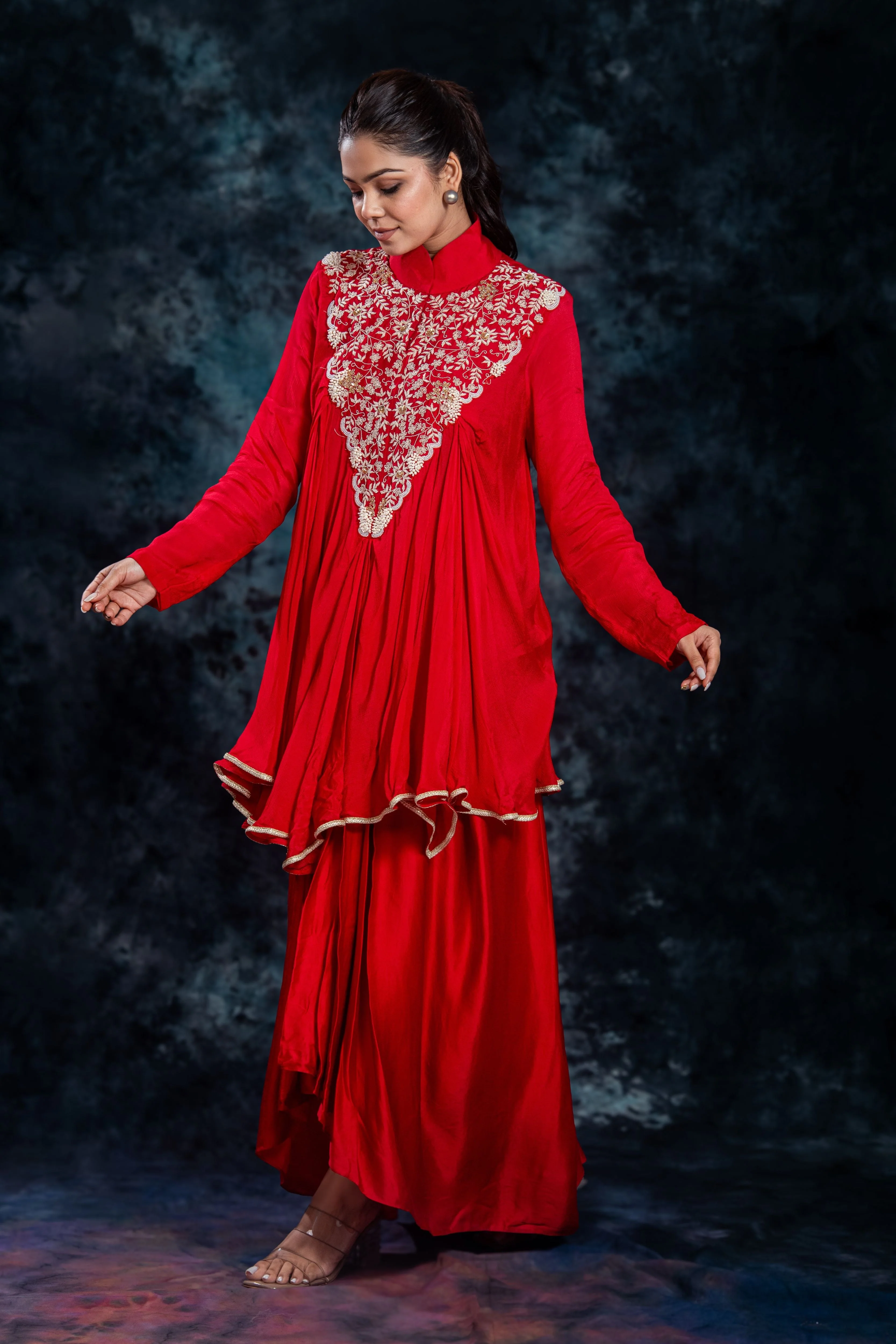 Red Embroidered Satin Silk Skirt Set - Image 4