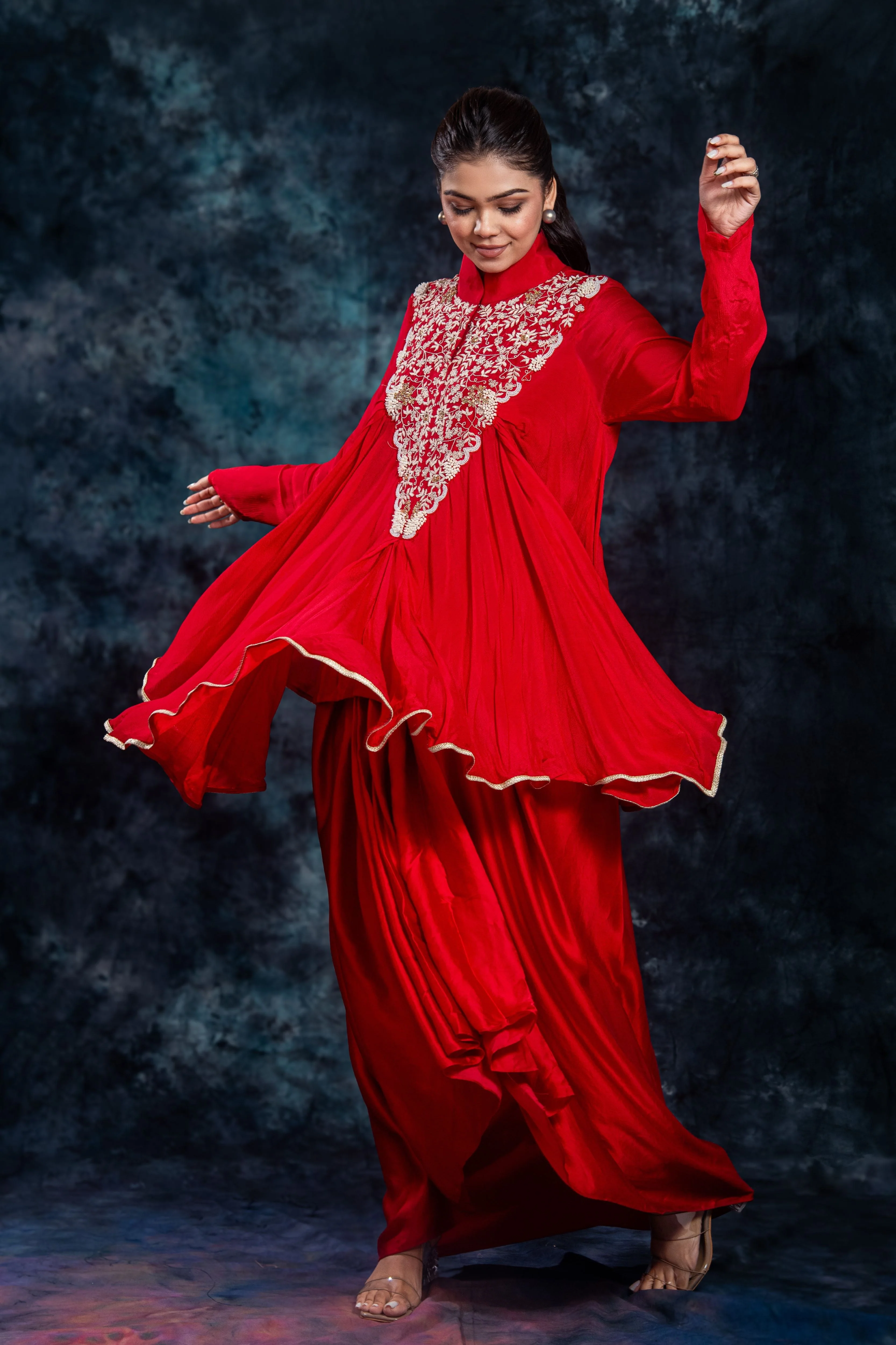 Red Embroidered Satin Silk Skirt Set - Image 5