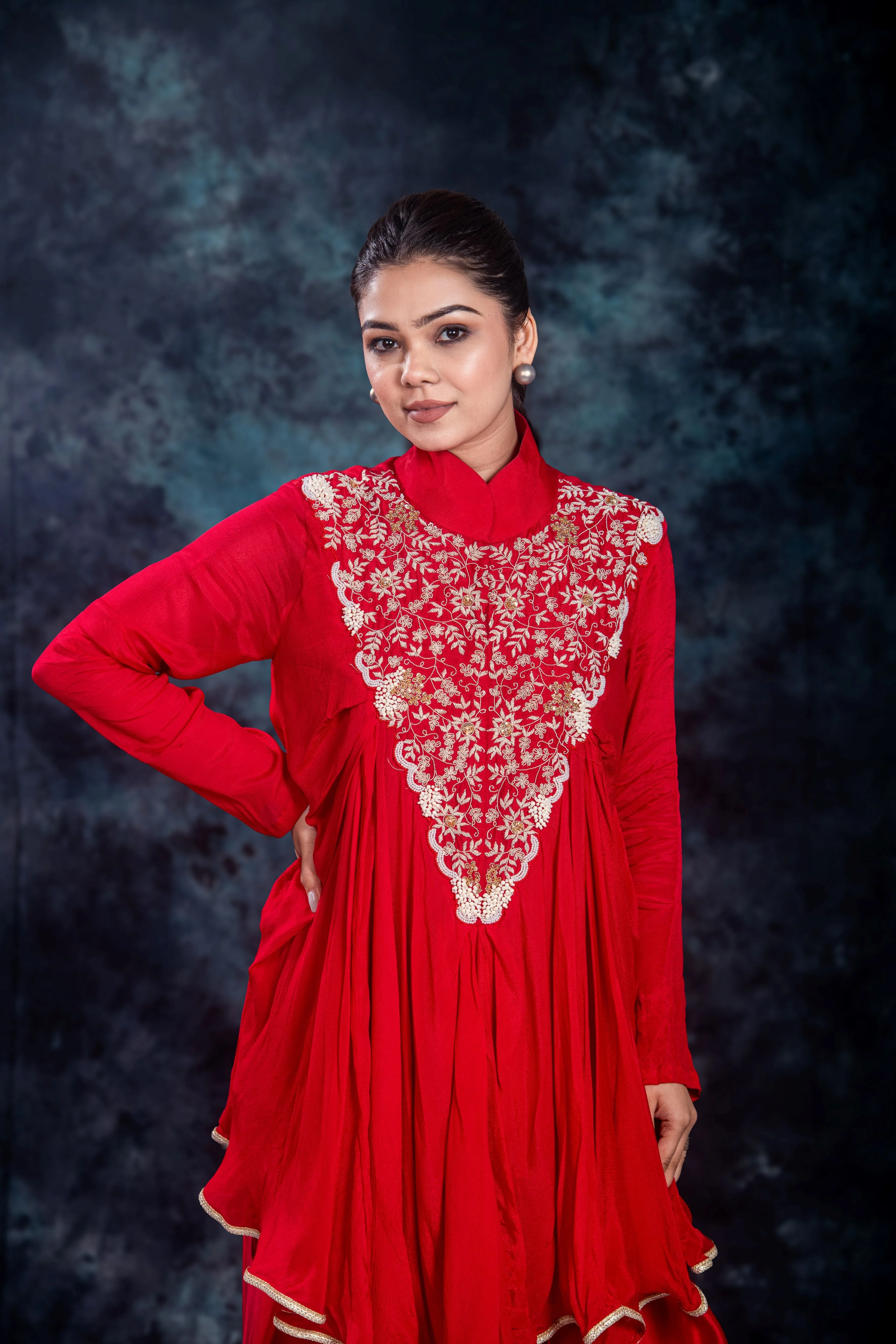 Red Embroidered Satin Silk Skirt Set - Image 6