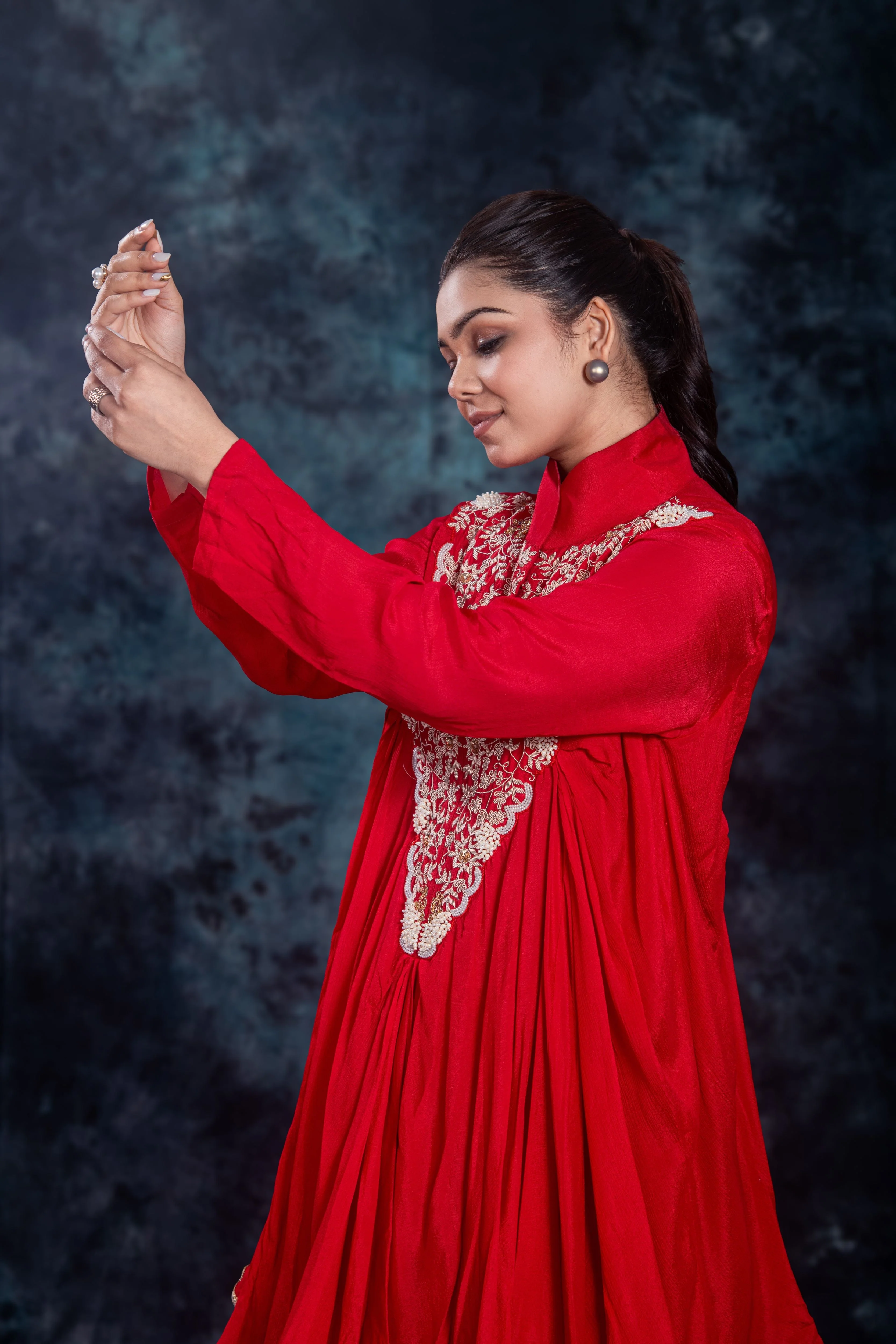 Red Embroidered Satin Silk Skirt Set - Image 7