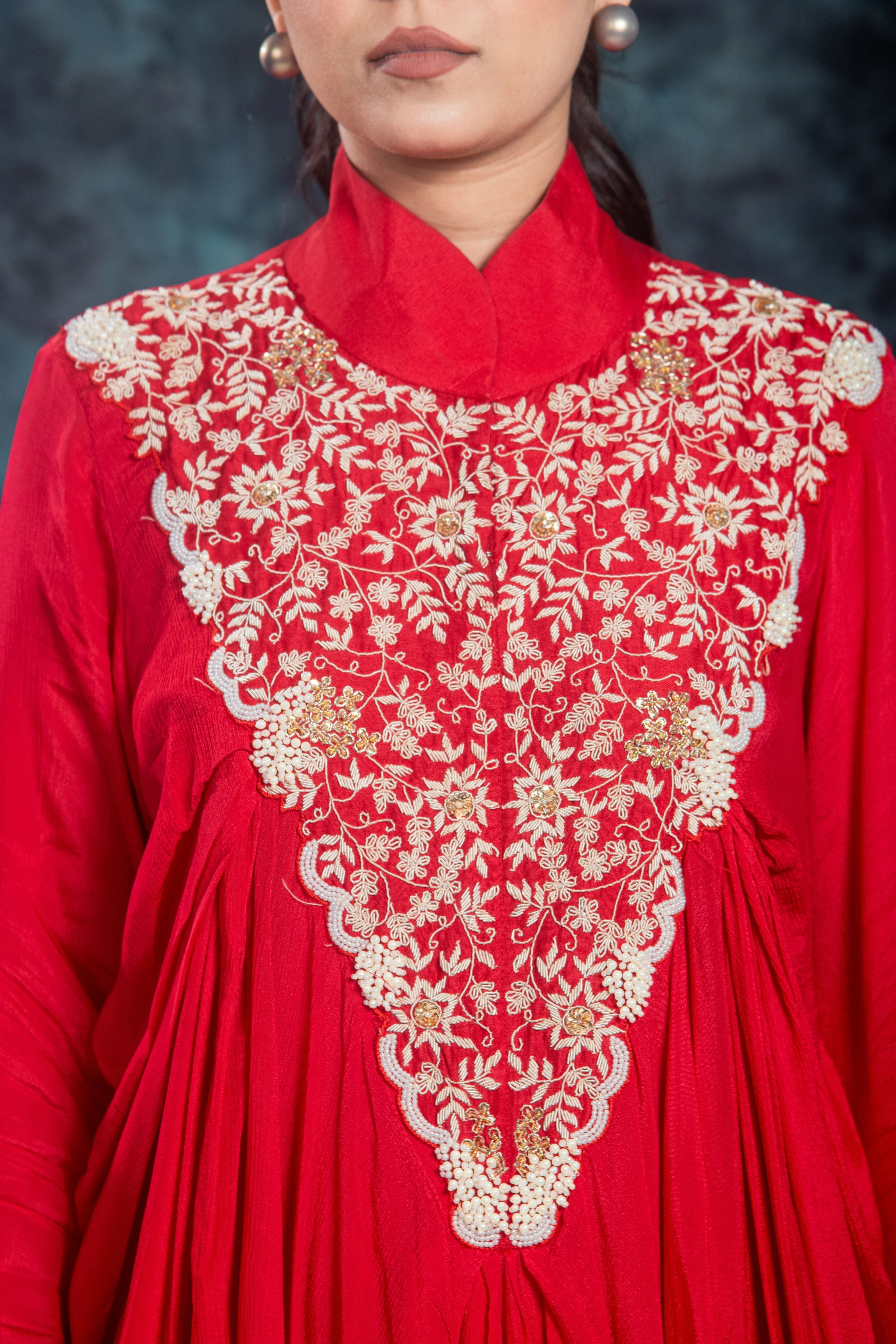 Red Embroidered Satin Silk Skirt Set - Image 8