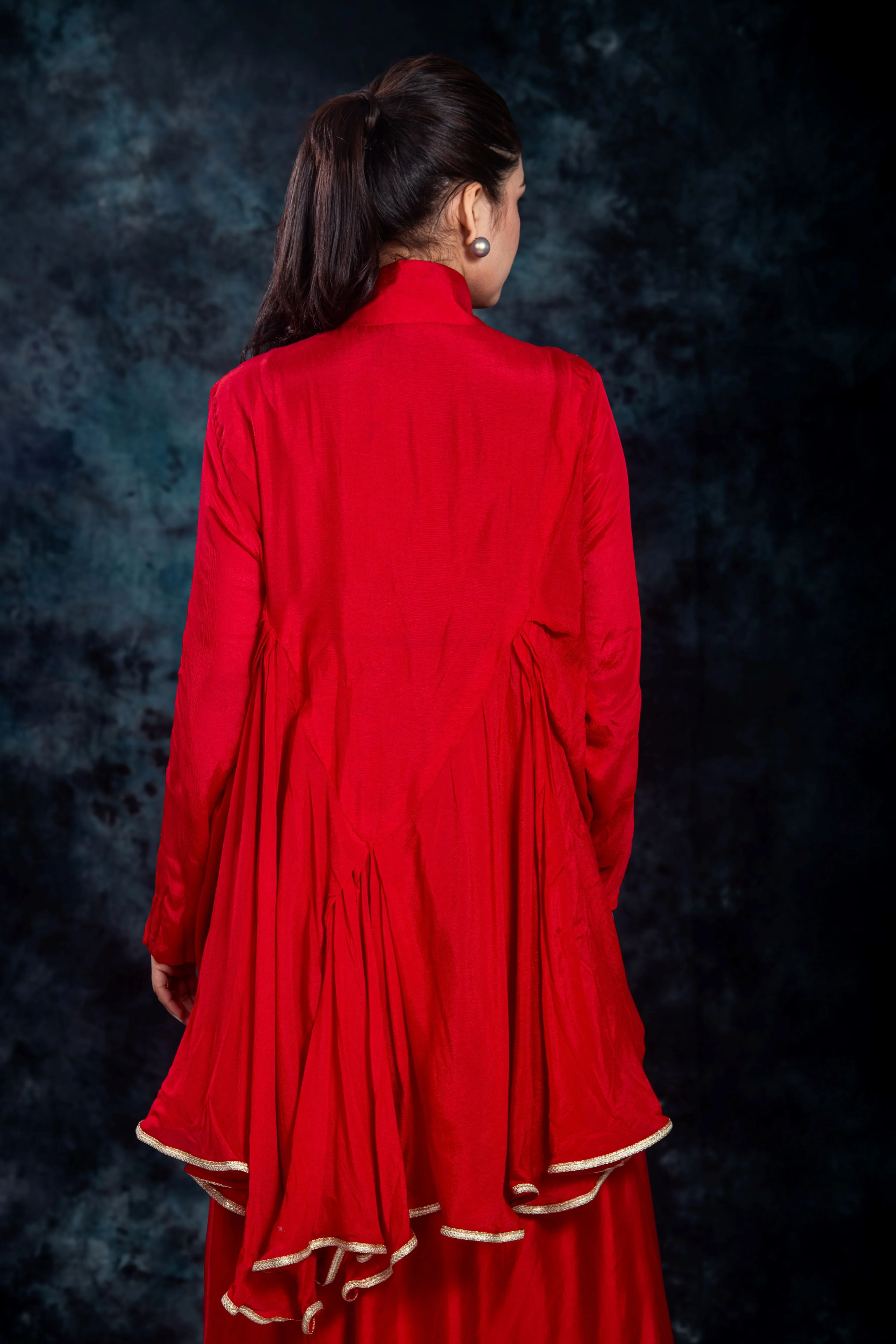 Red Embroidered Satin Silk Skirt Set - Image 9