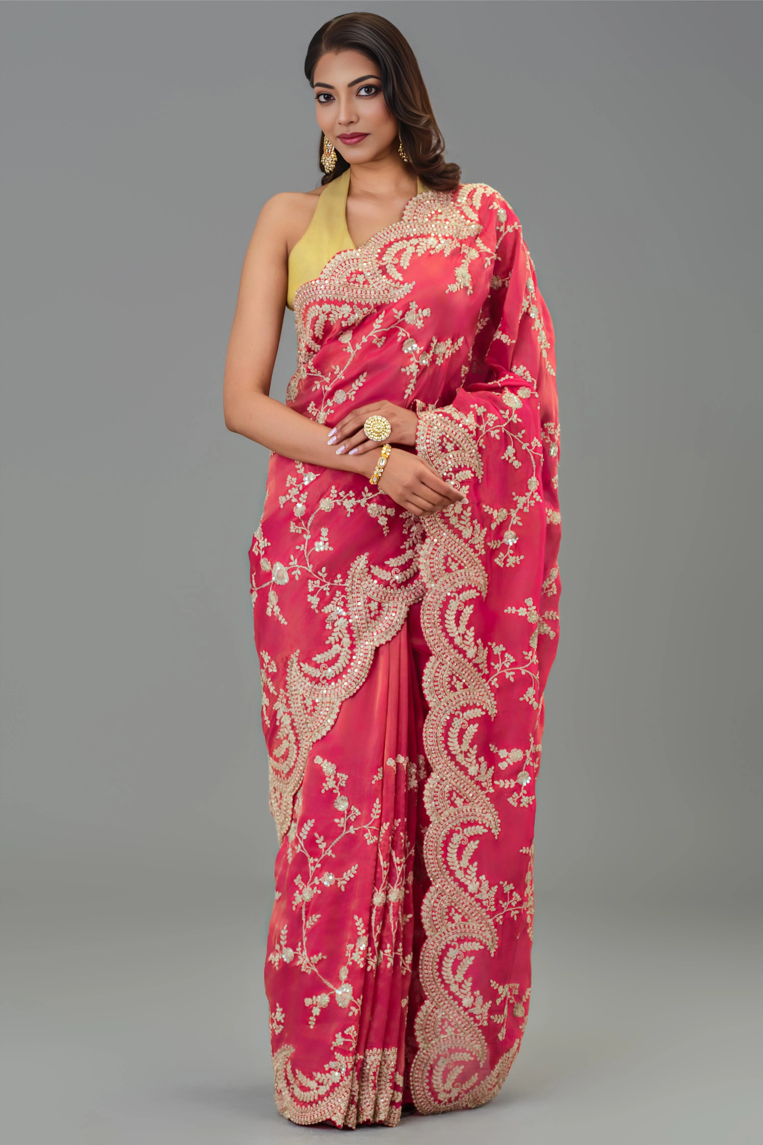 Red Embroidered Tissue Cosmo Silk Saree - Image 2