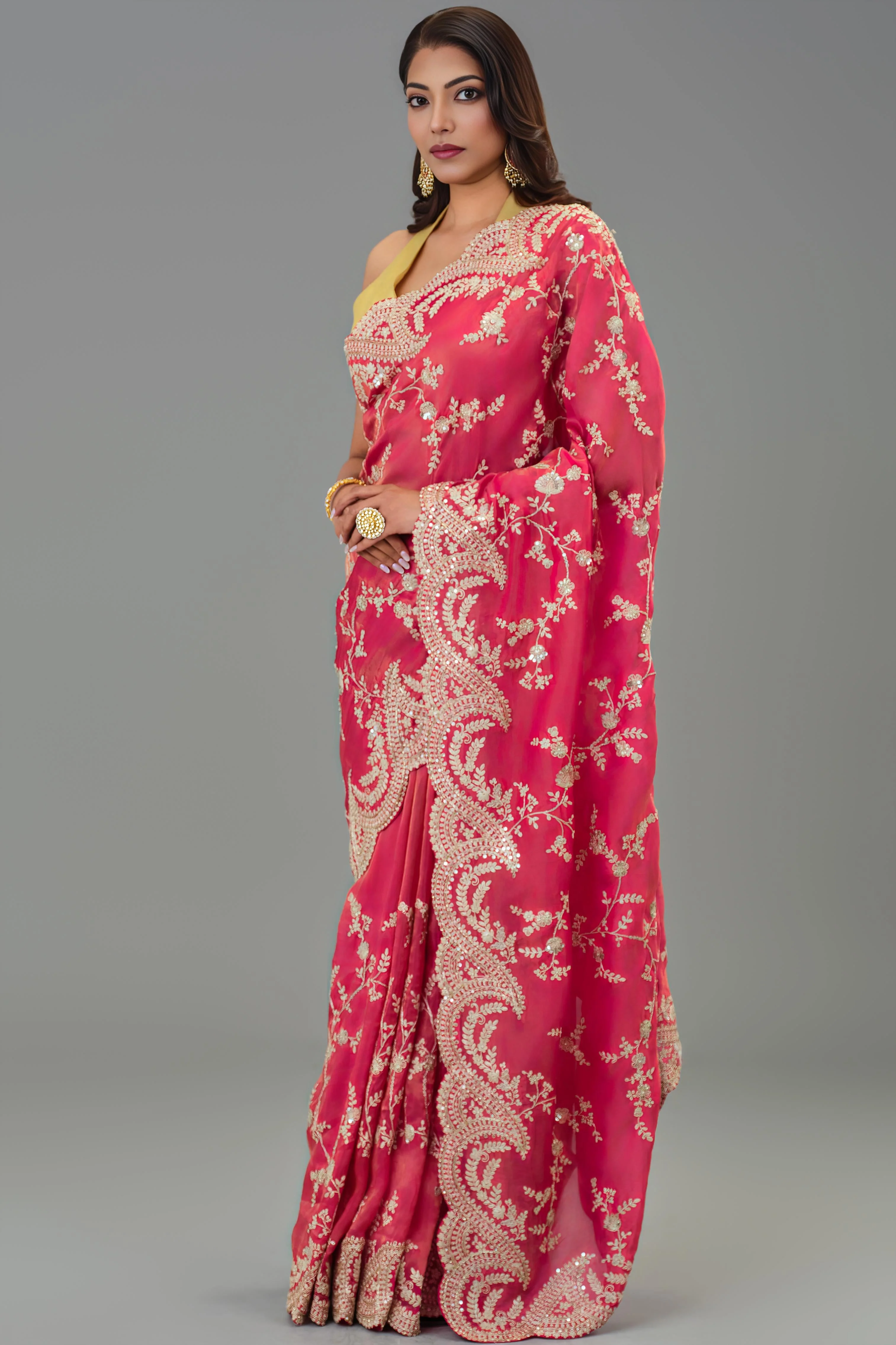 Red Embroidered Tissue Cosmo Silk Saree - Image 3