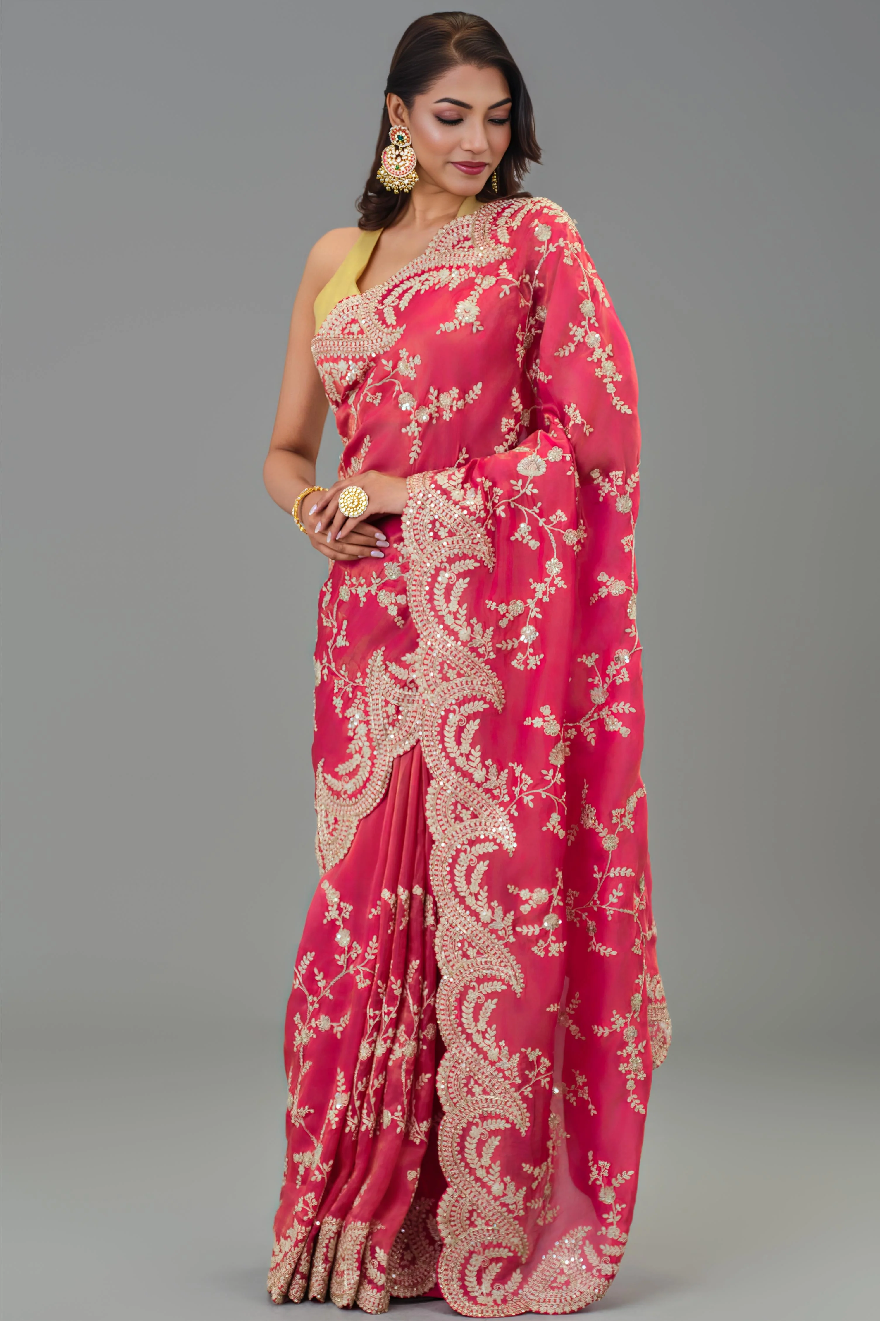 Red Embroidered Tissue Cosmo Silk Saree - Image 4