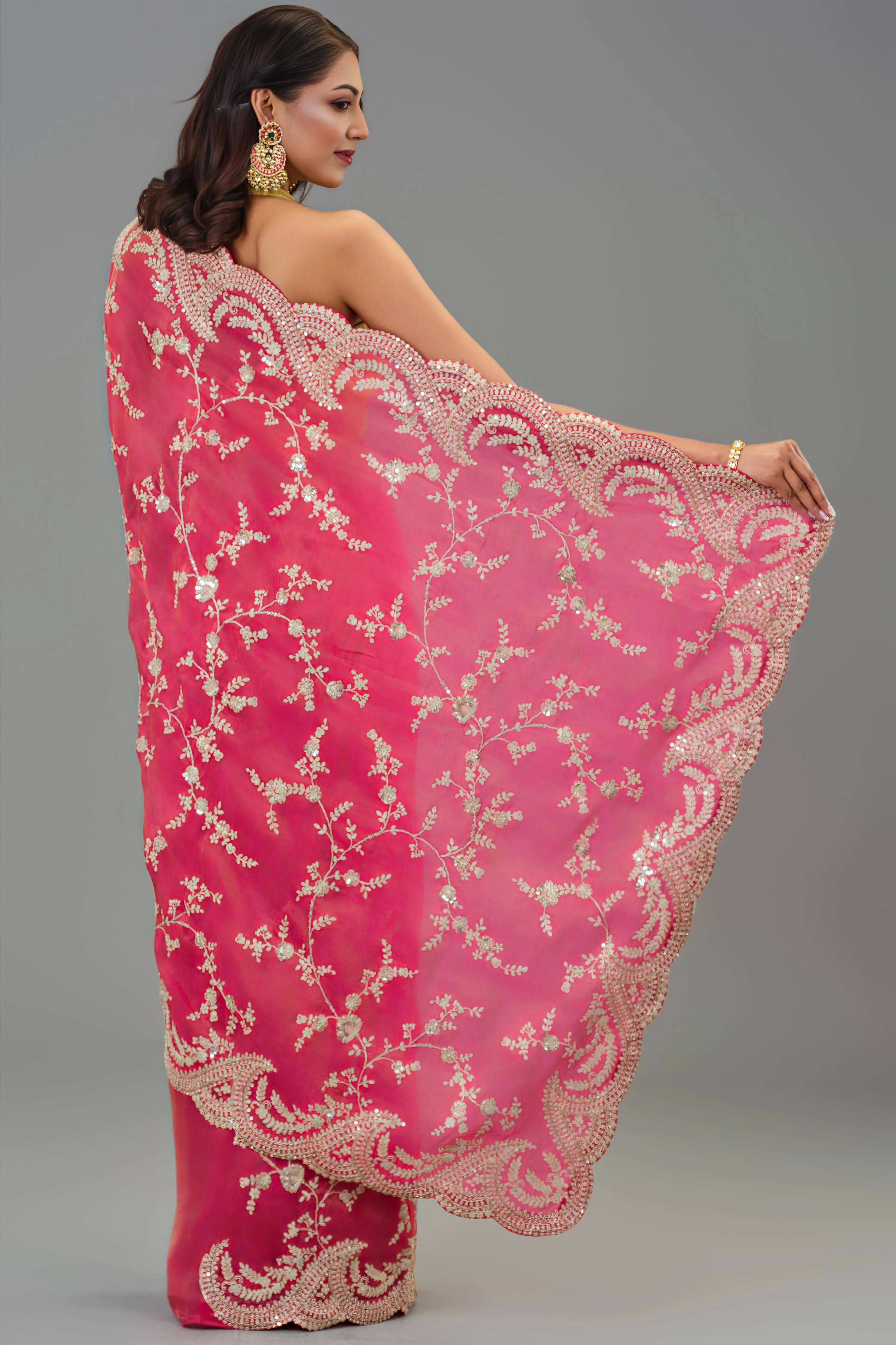 Red Embroidered Tissue Cosmo Silk Saree - Image 5