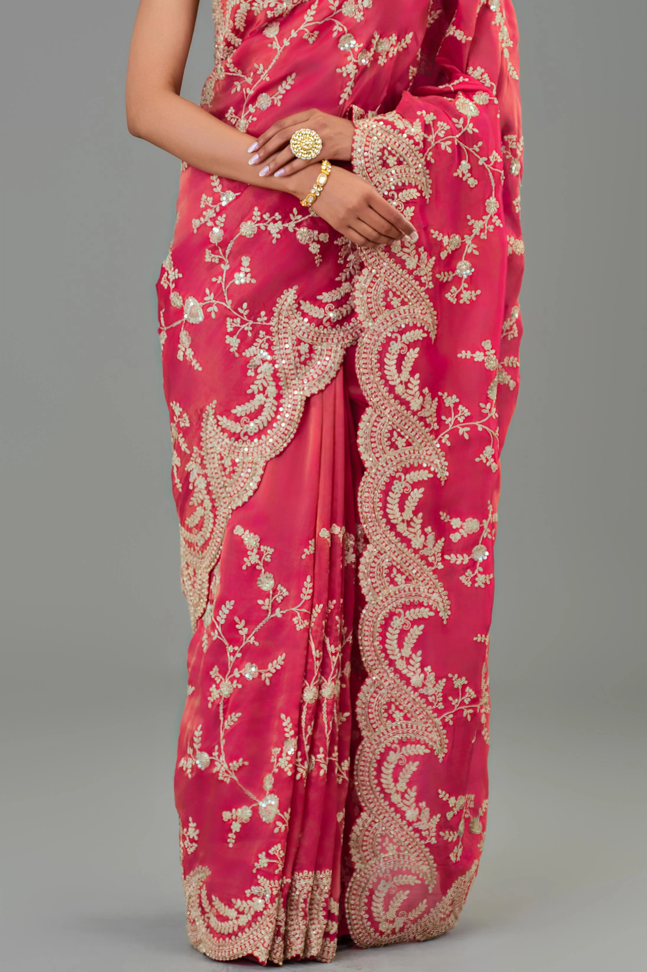 Red Embroidered Tissue Cosmo Silk Saree - Image 6