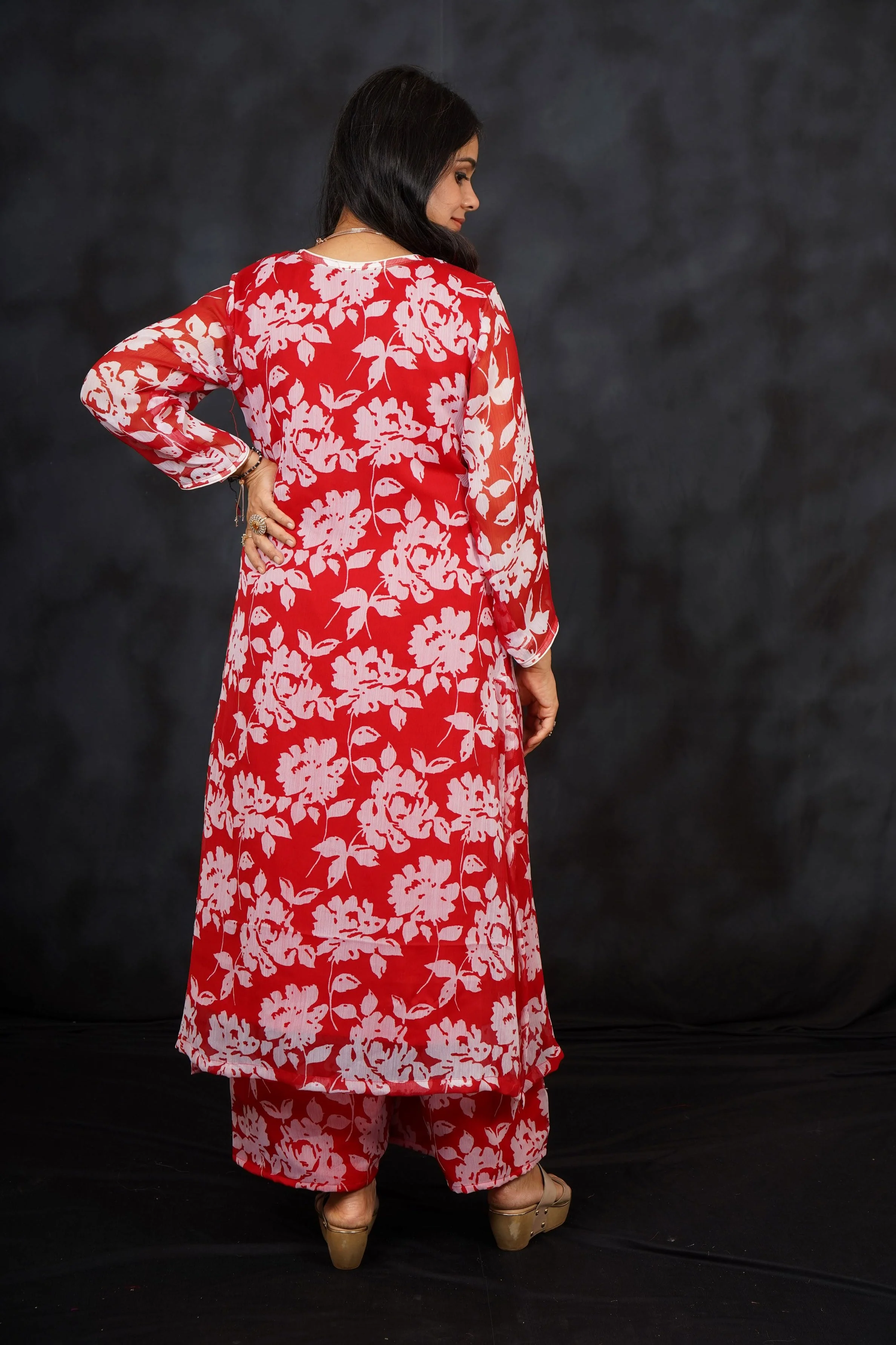 Red Floral Printed Chiffon Silk Palazzo Set - Image 3