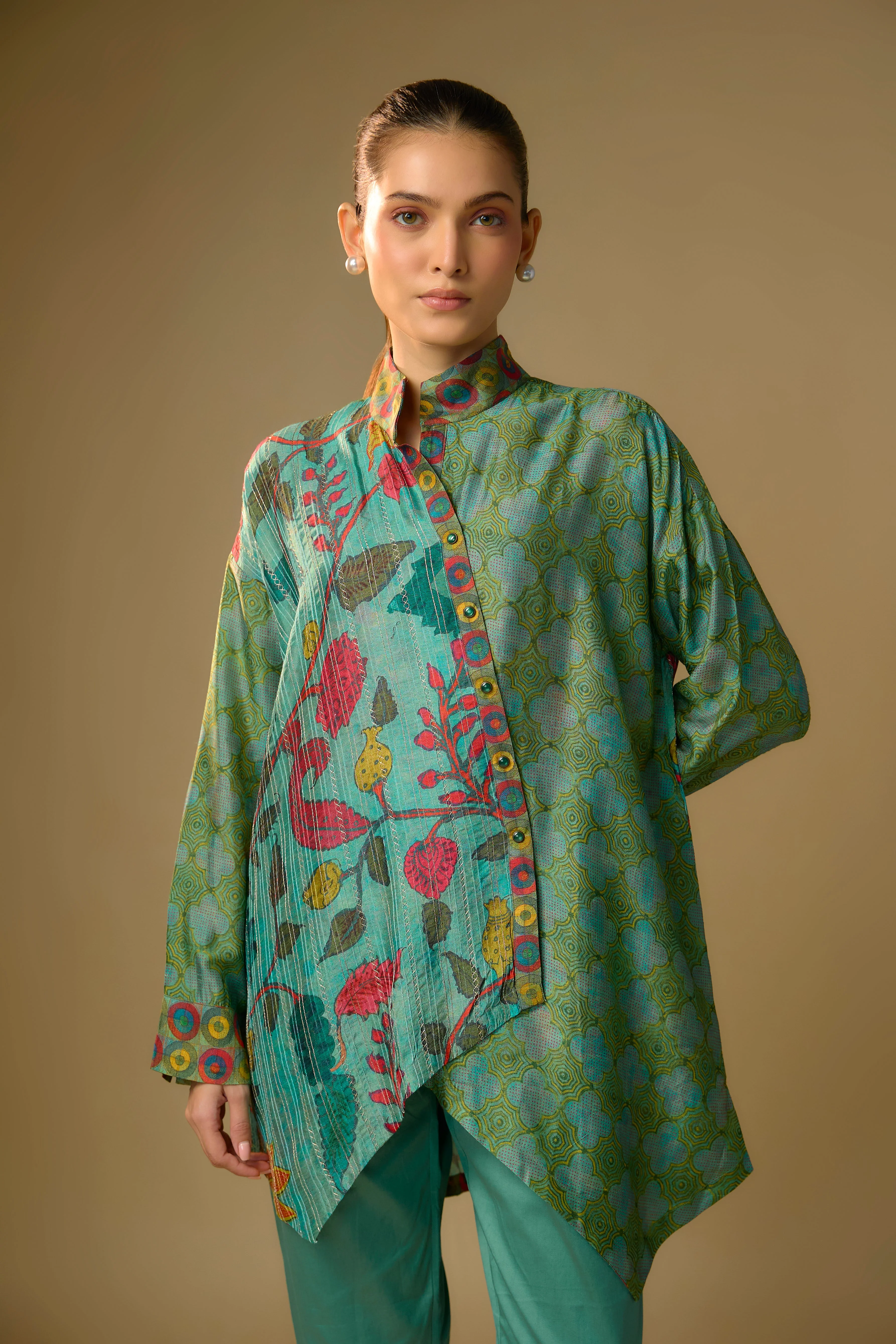 Duck Egg Blue Floral Printed Slub Cotton Silk Tunic Top - Image 2