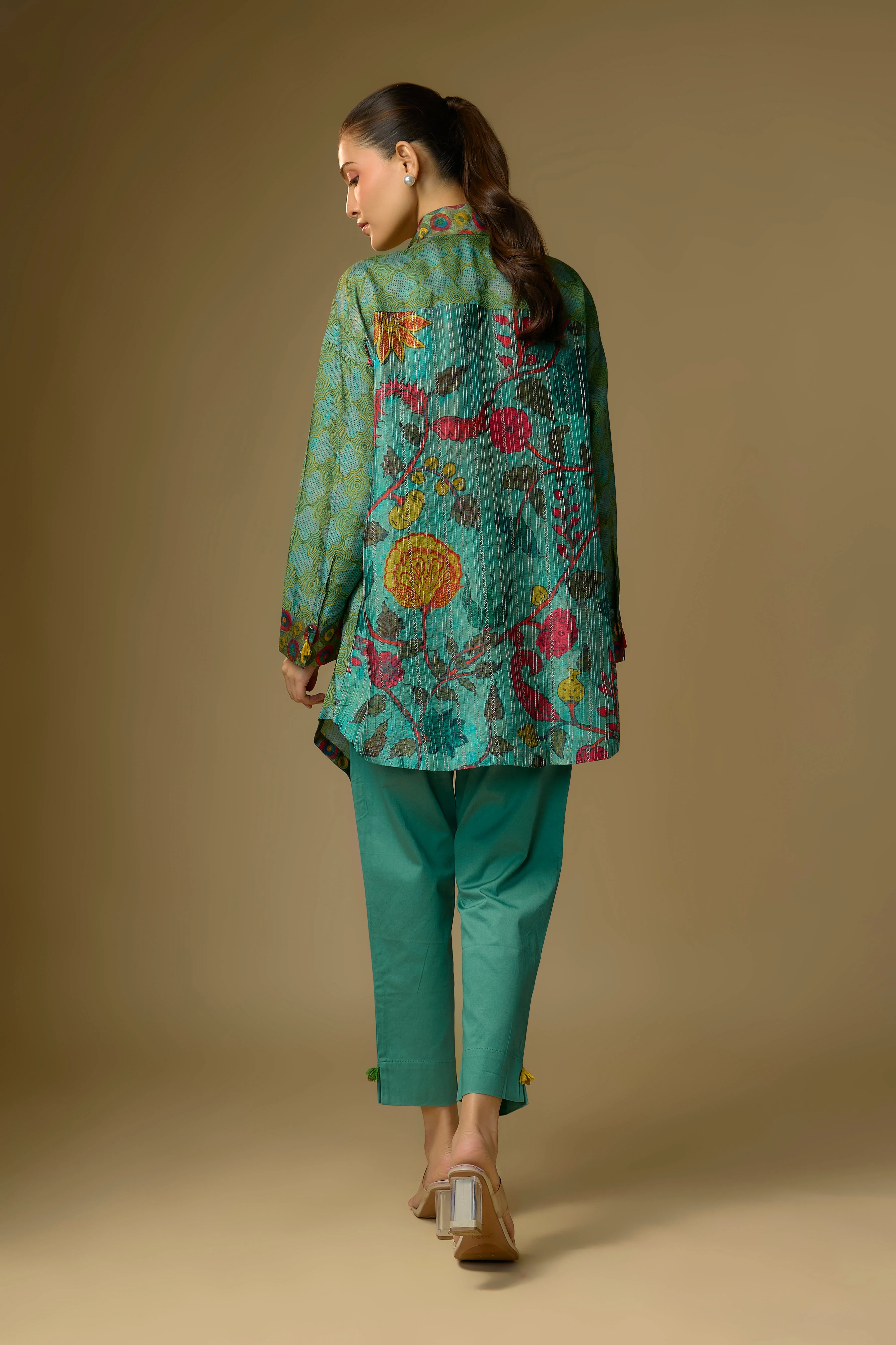 Duck Egg Blue Floral Printed Slub Cotton Silk Tunic Top - Image 3