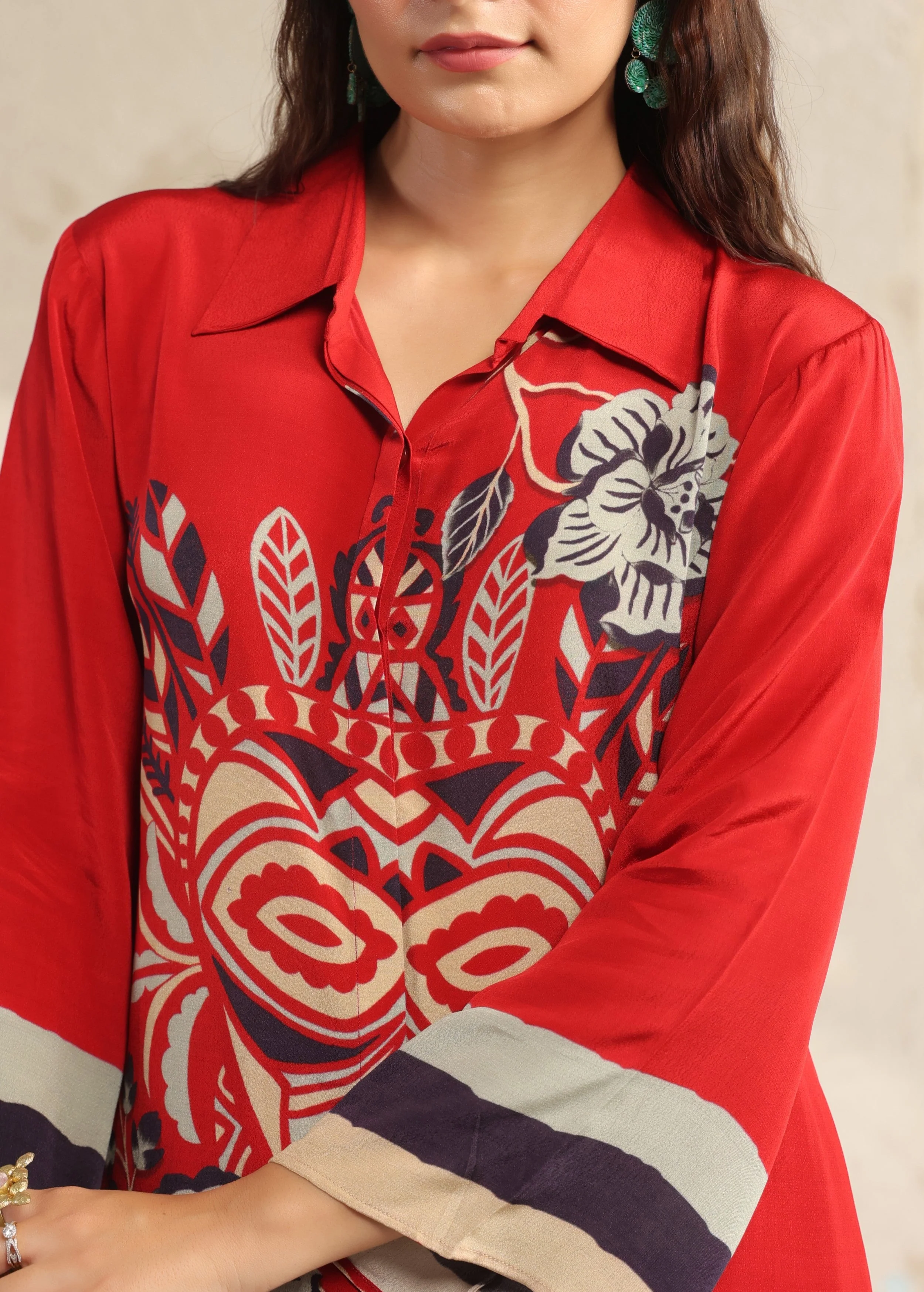 Scarlet Red Tribal Printed Viscose Crepe Co-Ord Set - Image 2