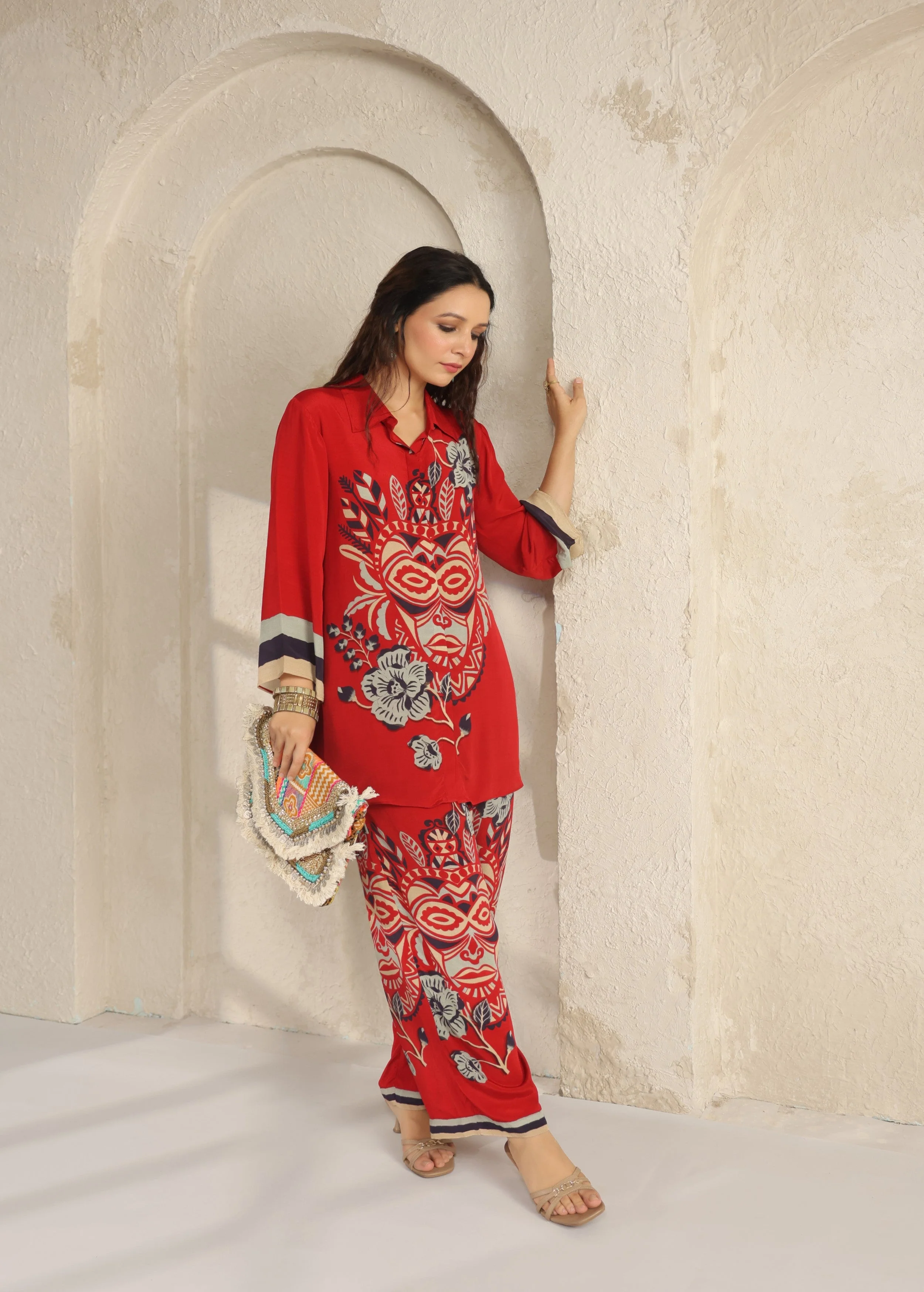 Scarlet Red Tribal Printed Viscose Crepe Co-Ord Set - Image 3