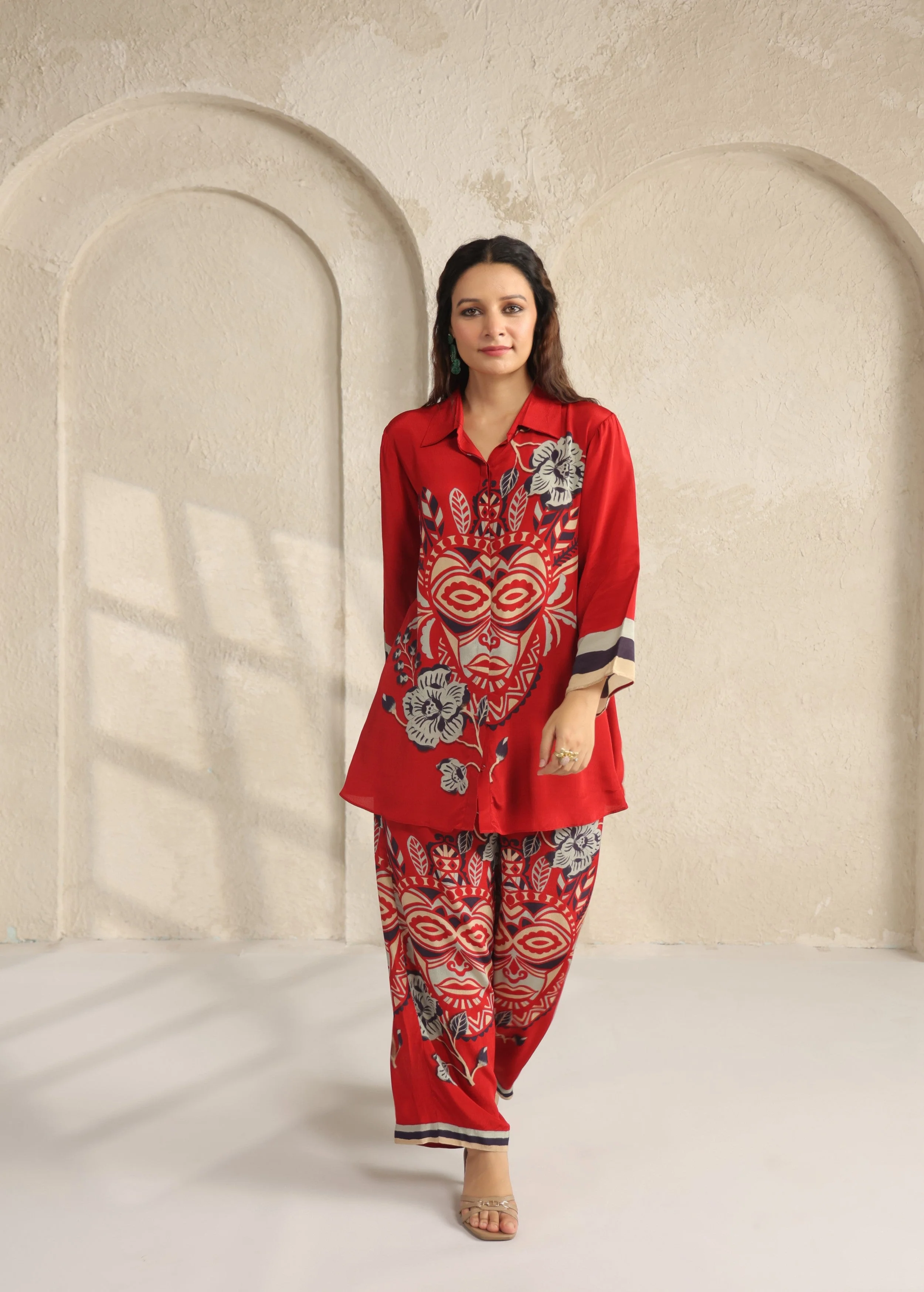 Scarlet Red Tribal Printed Viscose Crepe Co-Ord Set - Image 4