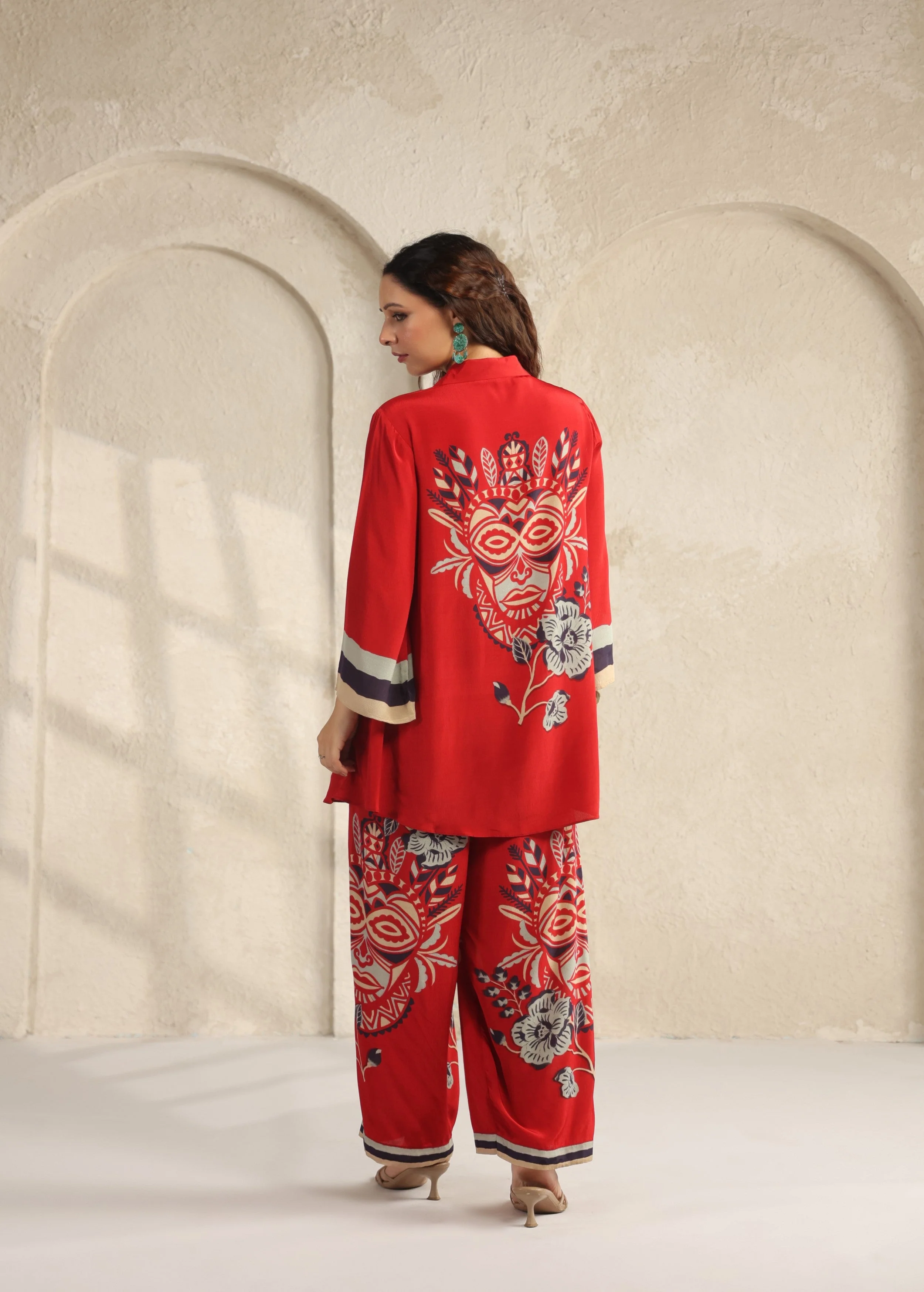 Scarlet Red Tribal Printed Viscose Crepe Co-Ord Set - Image 5