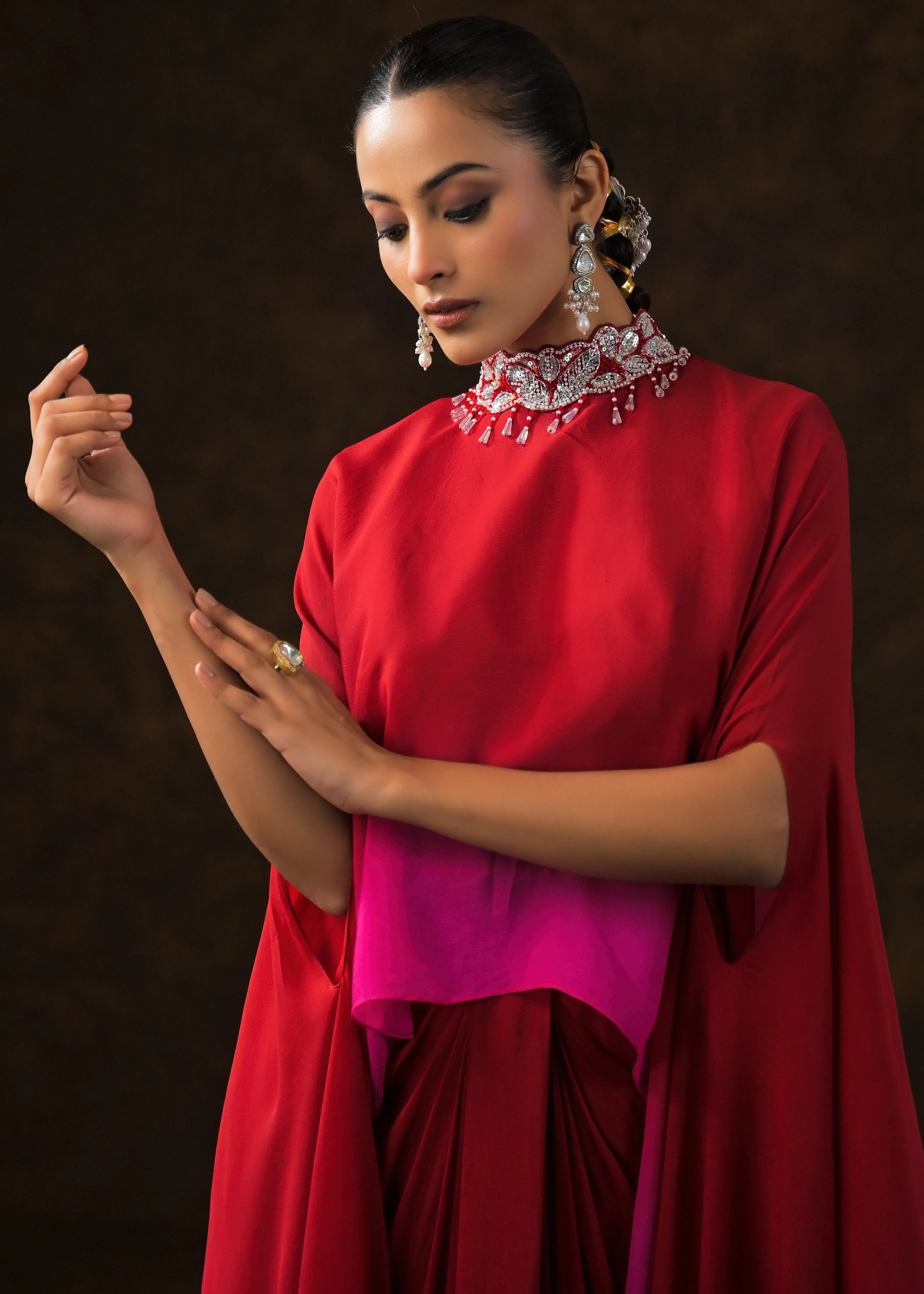 Red & Fuchsia Ombre Georgette Silk Skirt Set - Image 3
