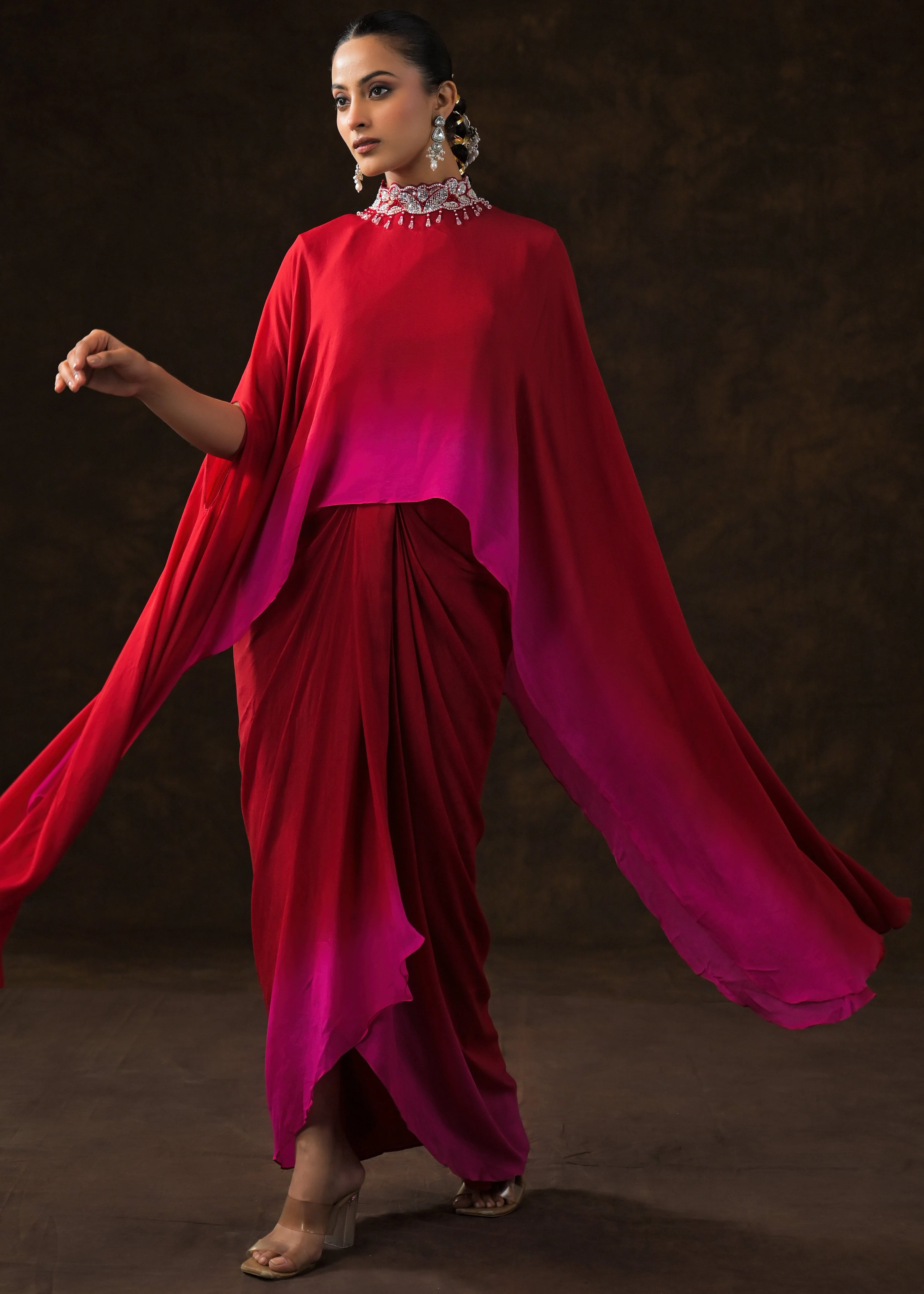 Red & Fuchsia Ombre Georgette Silk Skirt Set - Image 4