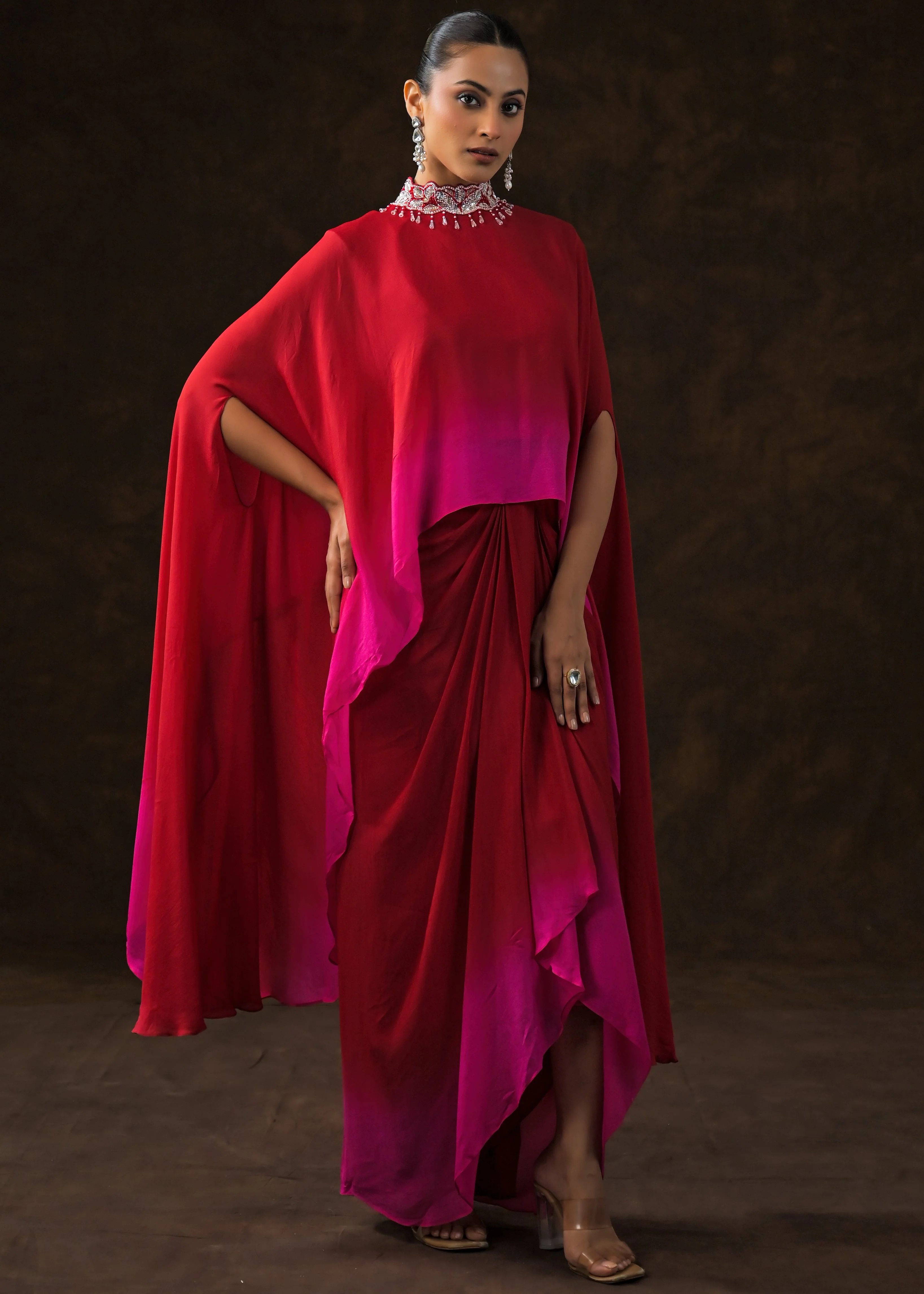 Red & Fuchsia Ombre Georgette Silk Skirt Set - Image 5