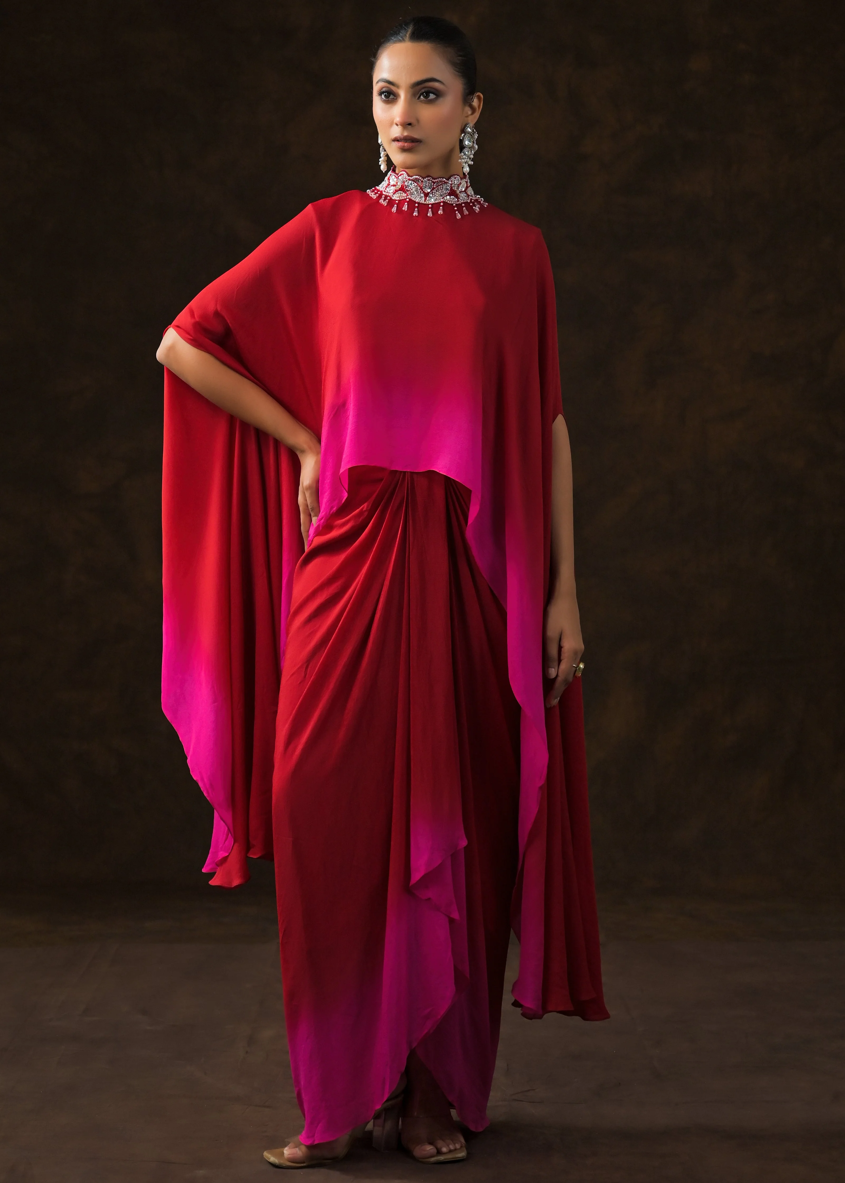 Red & Fuchsia Ombre Georgette Silk Skirt Set - Image 6