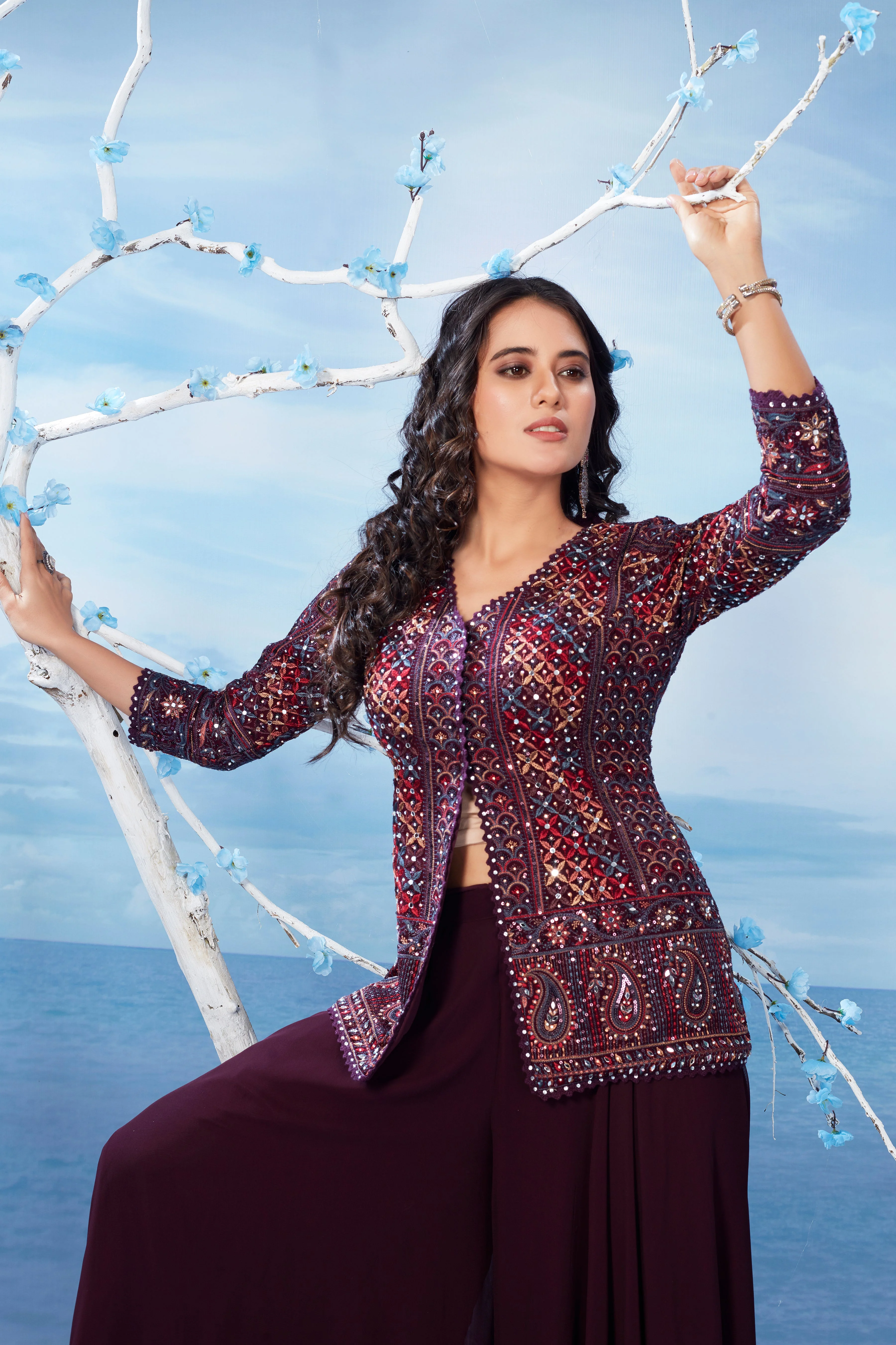 Dark Wine Embellished Georgette Silk Jacket Palazzo Set - Image 2