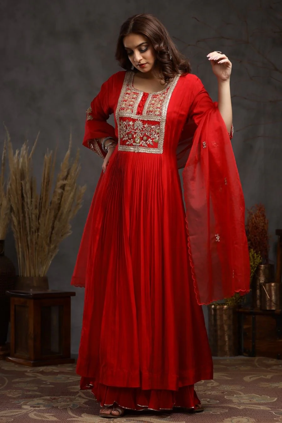 Red Modal Silk Long Enkle Length Stylish Dress And Dupatta With Embroidery - Image 3
