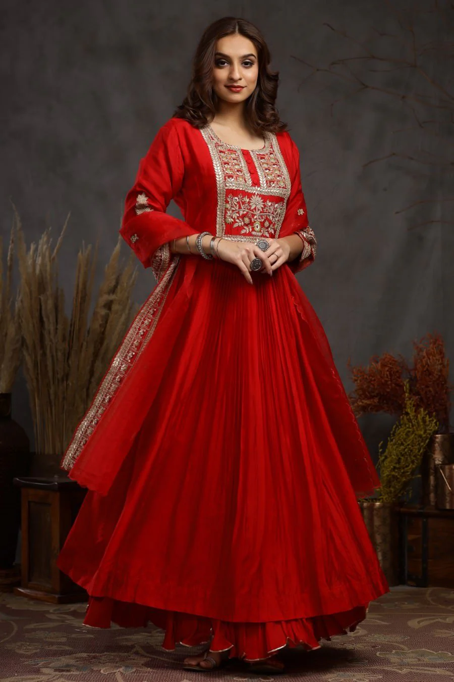Red Modal Silk Long Enkle Length Stylish Dress And Dupatta With Embroidery - Image 4