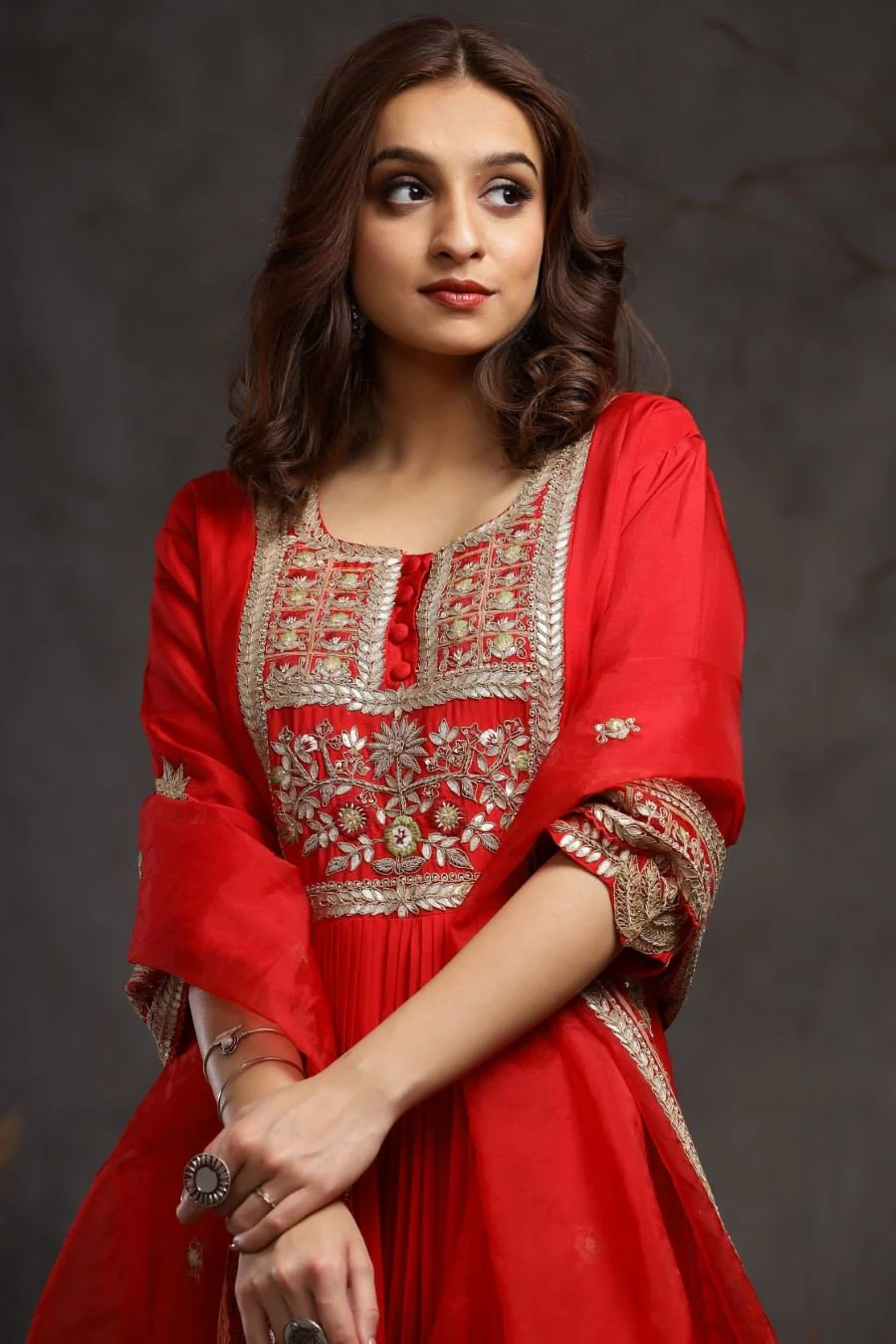 Red Modal Silk Long Enkle Length Stylish Dress And Dupatta With Embroidery - Image 5