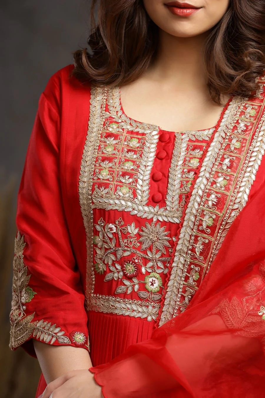 Red Modal Silk Long Enkle Length Stylish Dress And Dupatta With Embroidery - Image 6