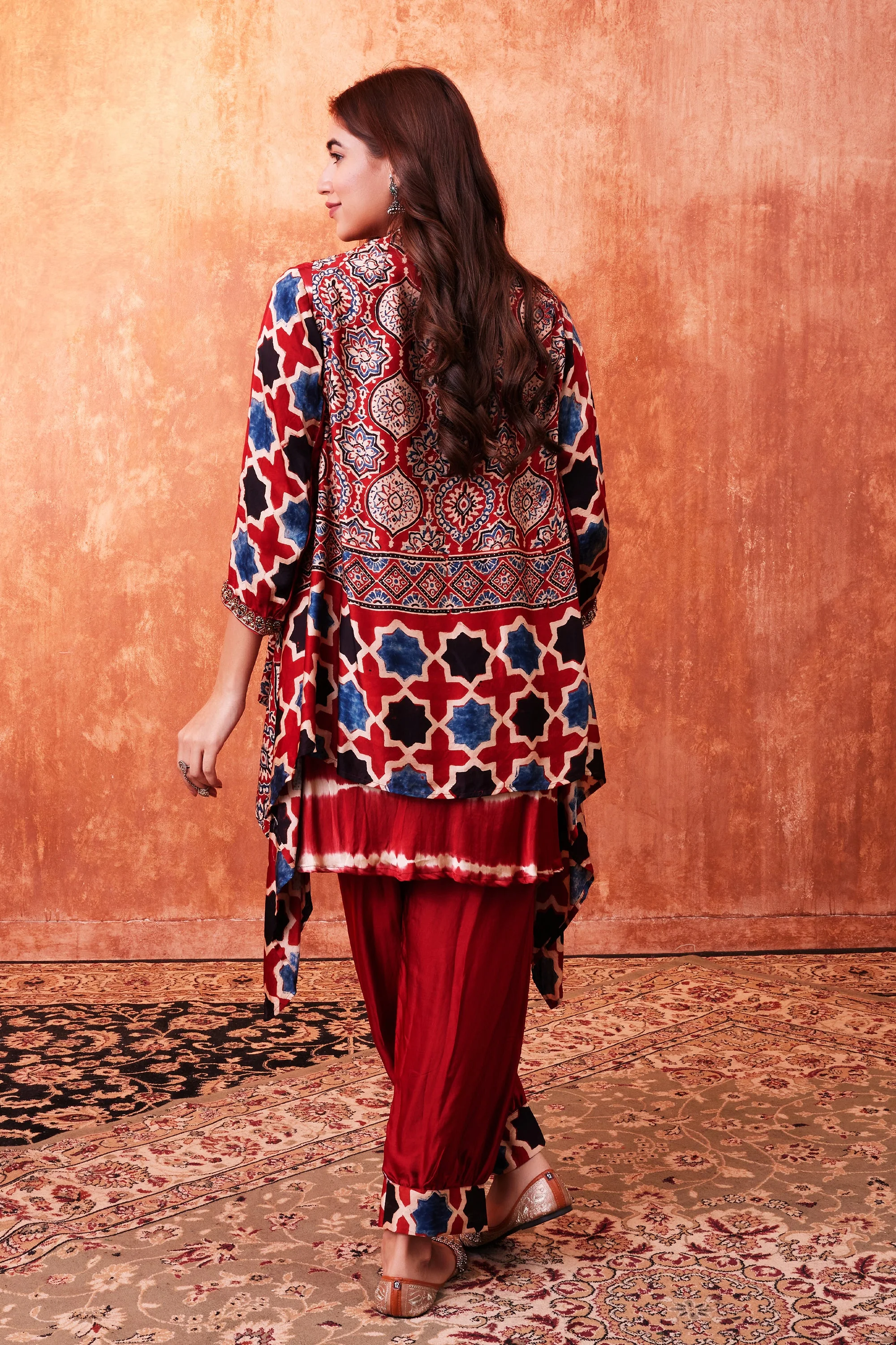 Red Multicolor Ajrakh Printed Habutai Silk Cape Suit Set - Image 2