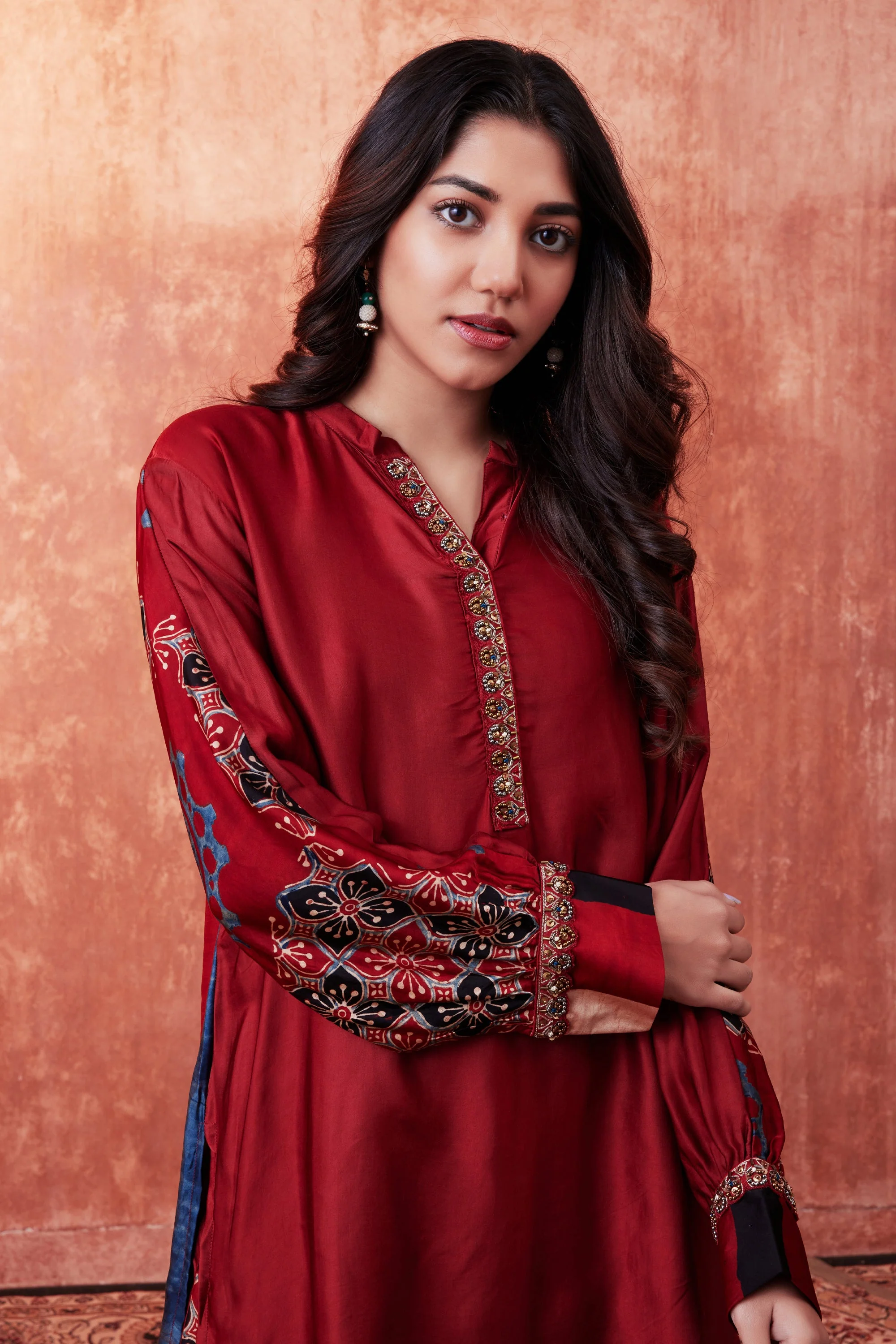 Red MultiColor Ajrakh Printed Habutai Silk Co-Ord Set - Image 2