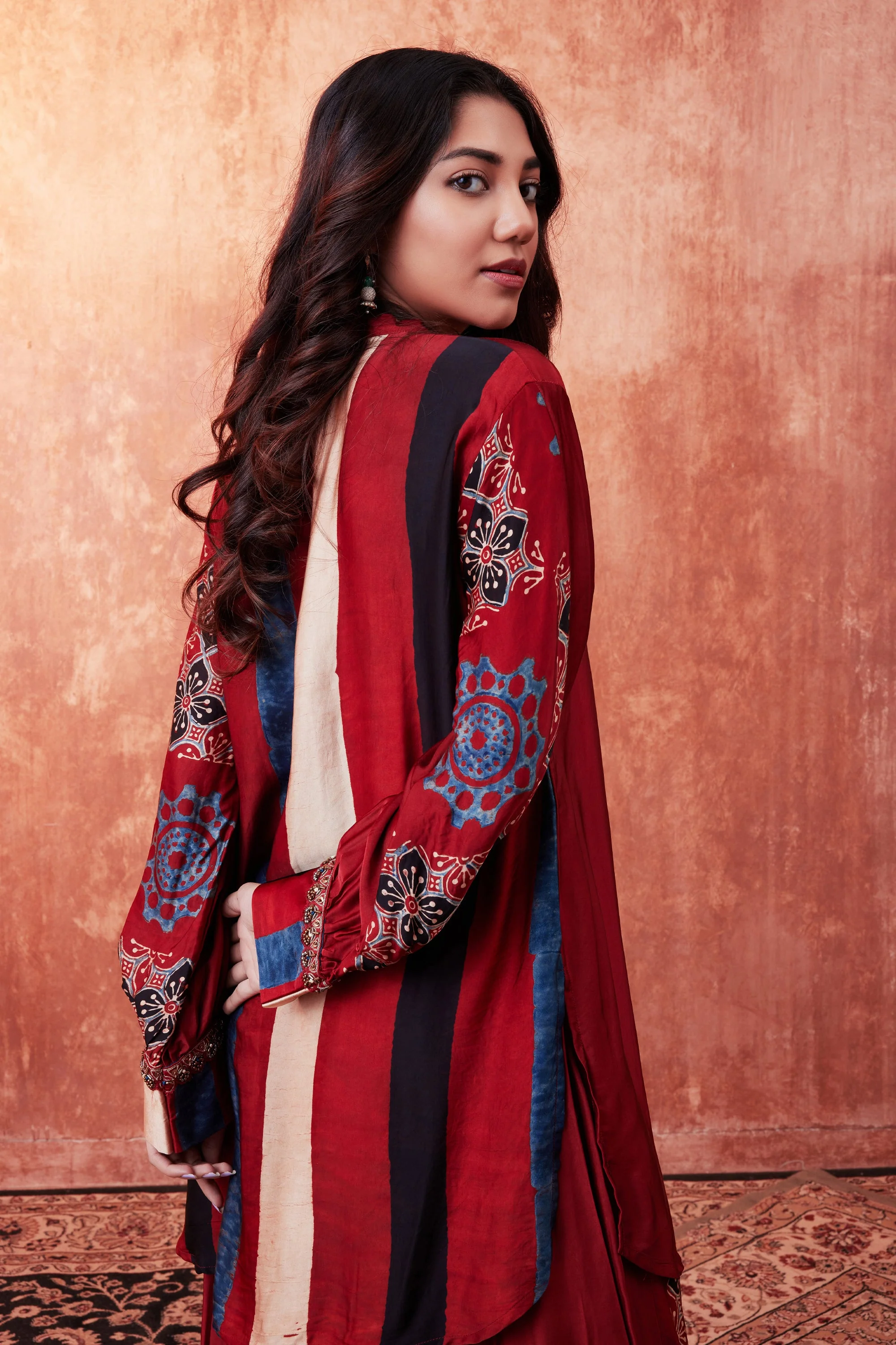 Red MultiColor Ajrakh Printed Habutai Silk Co-Ord Set - Image 3