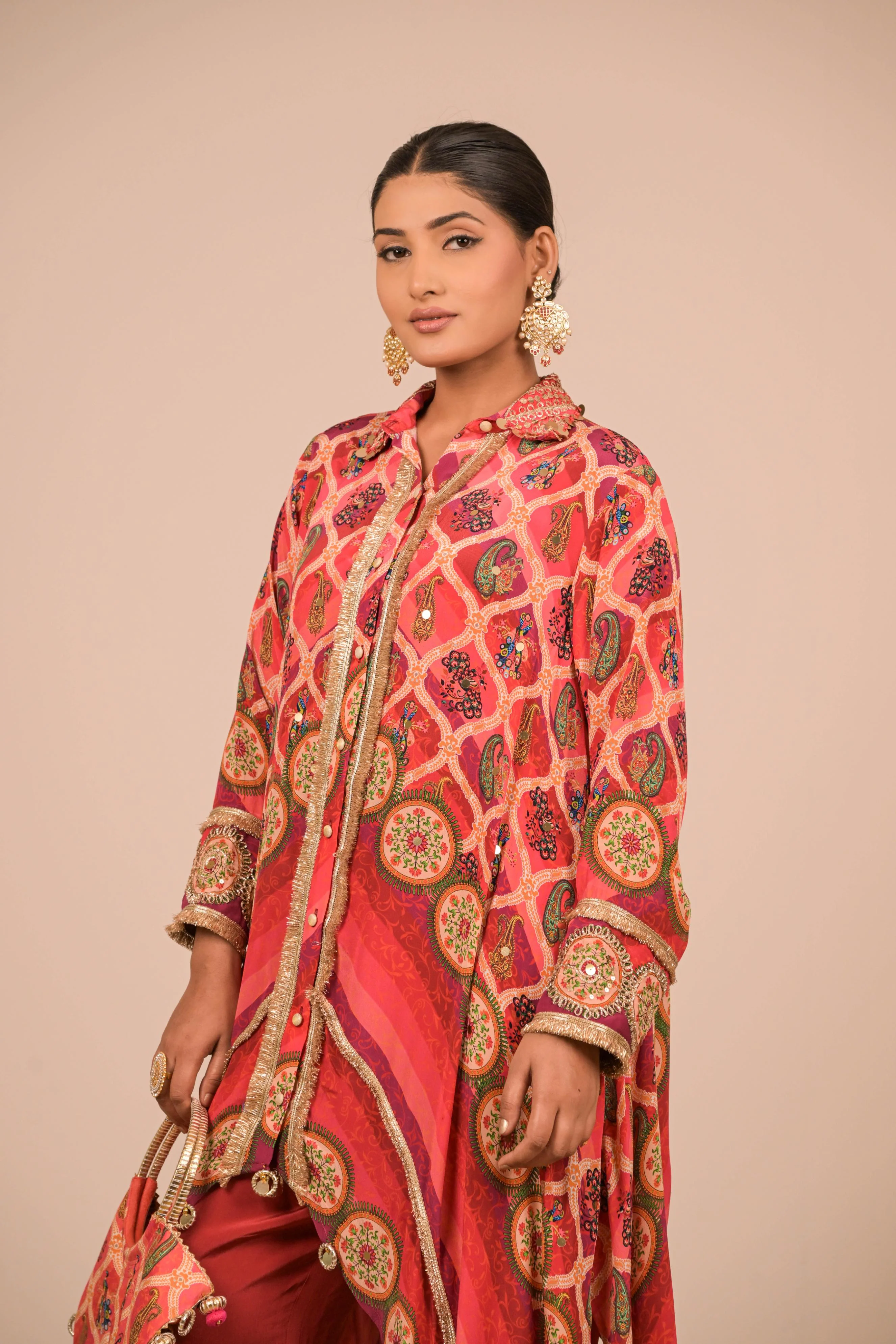 Red-Pink Asymmetrical Printed Kurta Set - Image 2