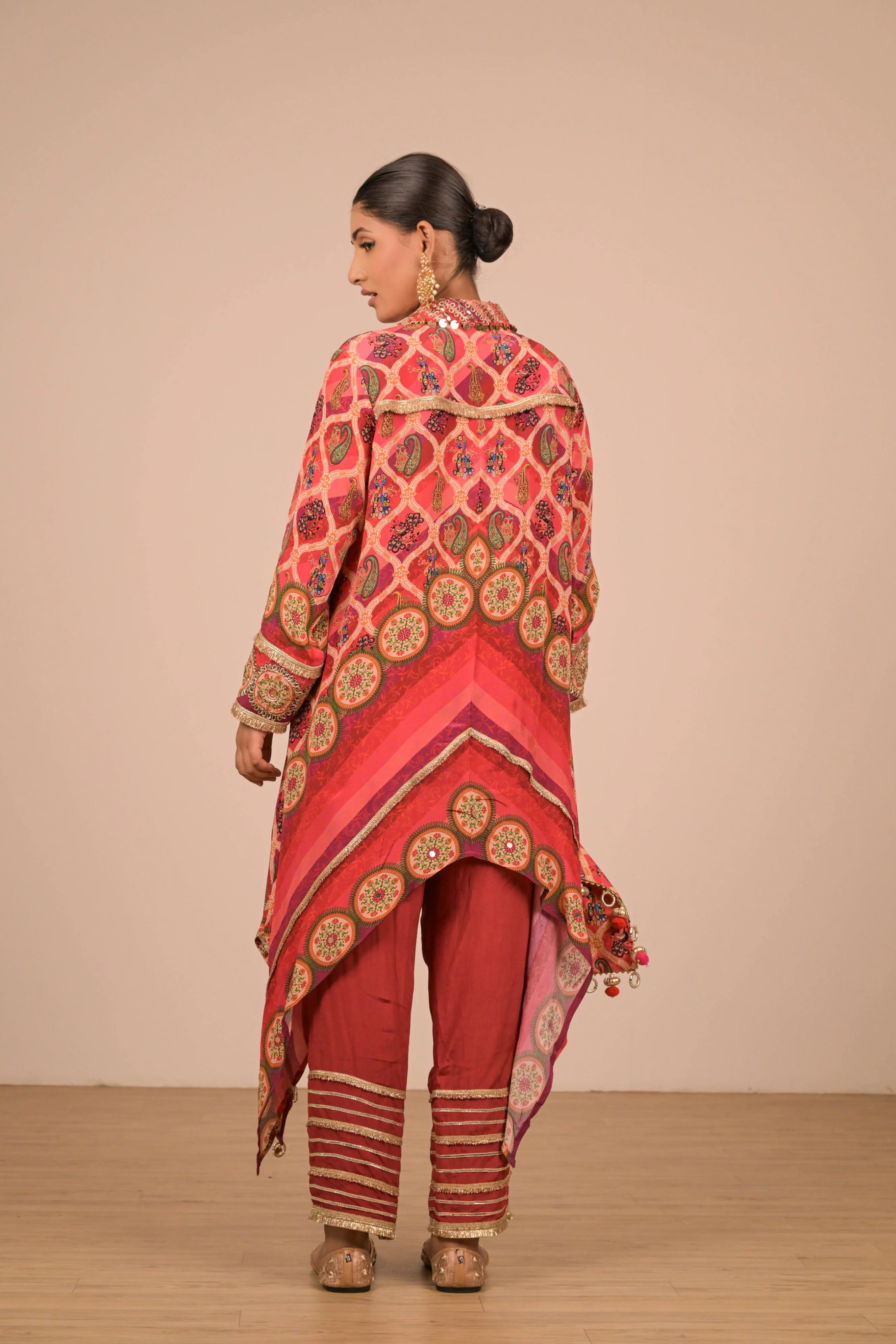 Red-Pink Asymmetrical Printed Kurta Set - Image 6