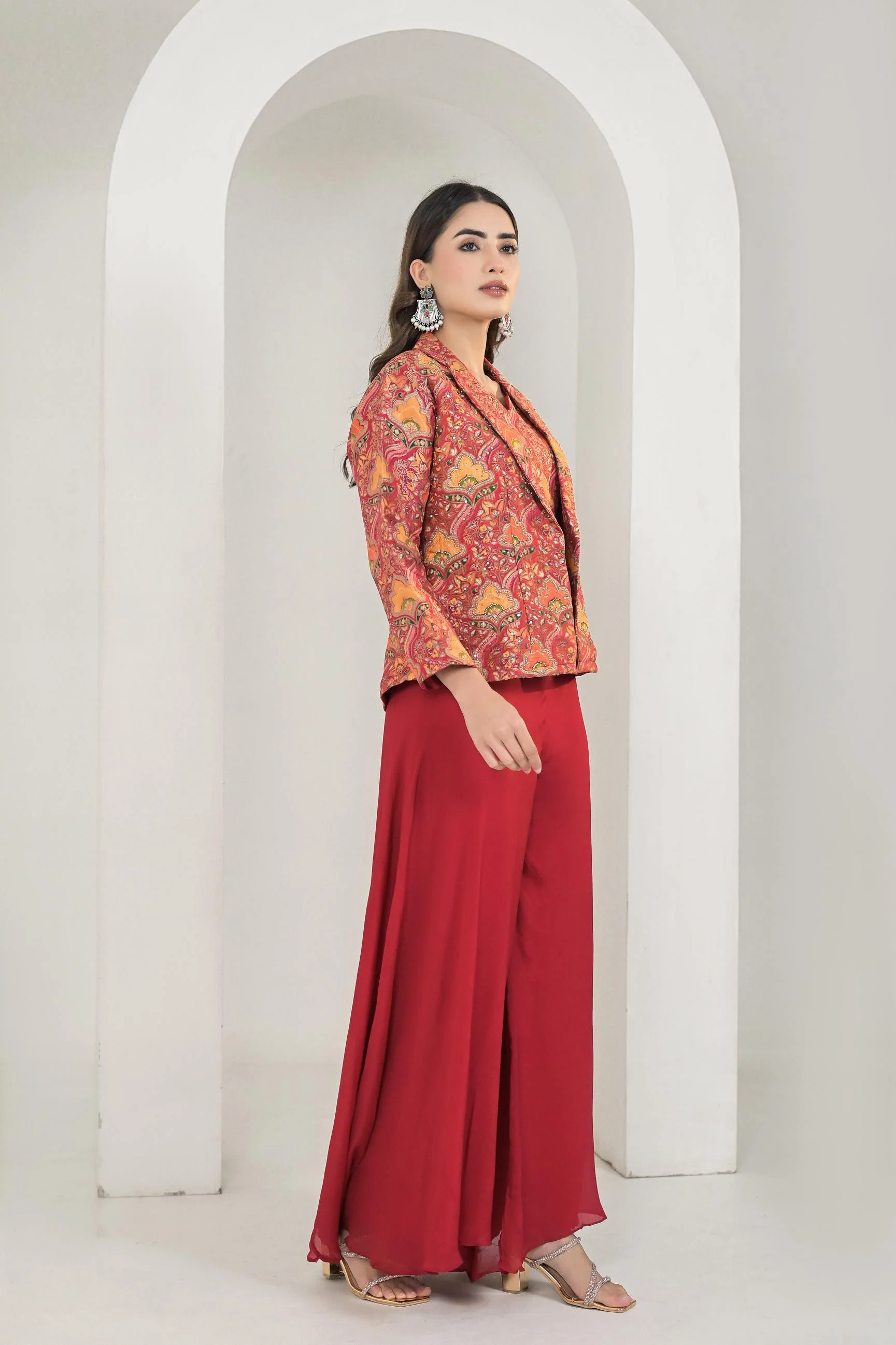 Red Printed Chanderi Silk Jacket & Palazzo Set - Image 3