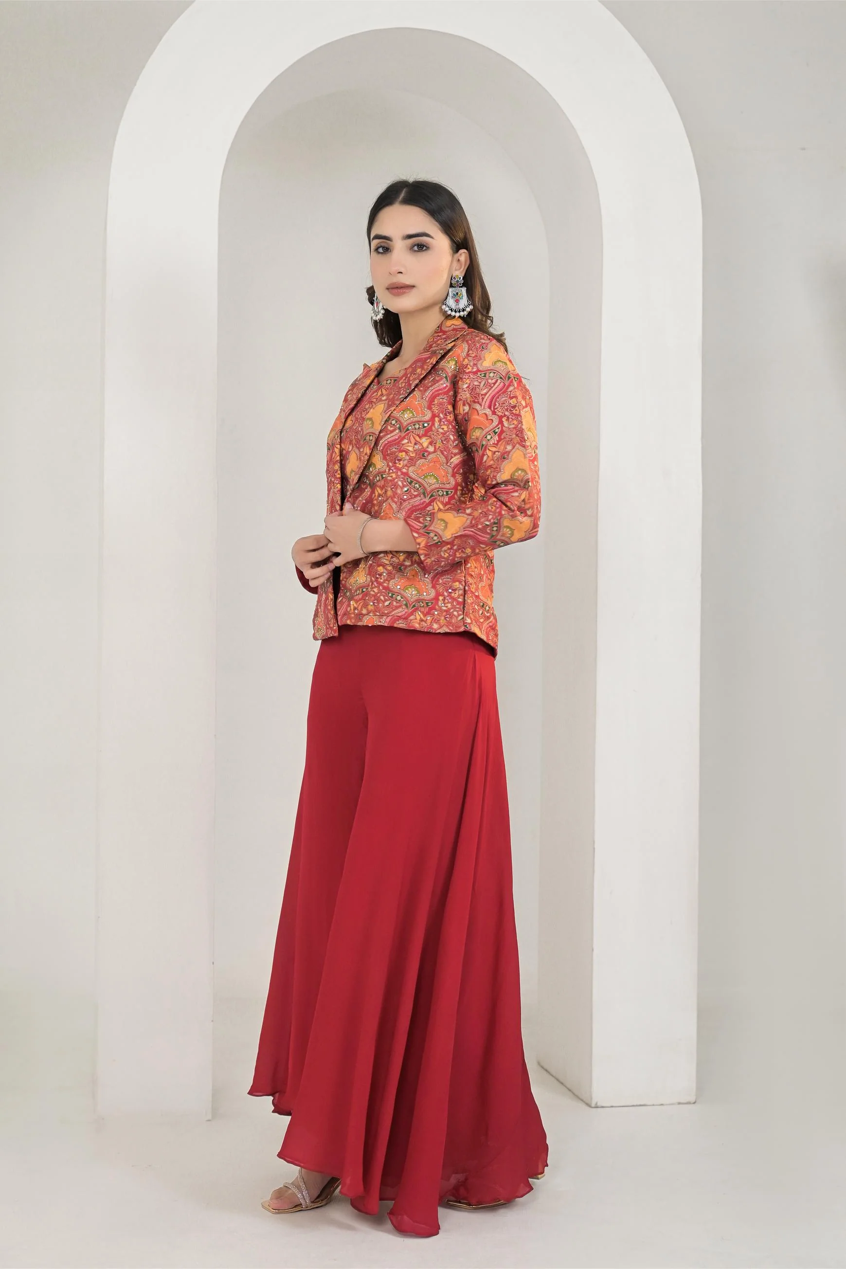 Red Printed Chanderi Silk Jacket & Palazzo Set - Image 4