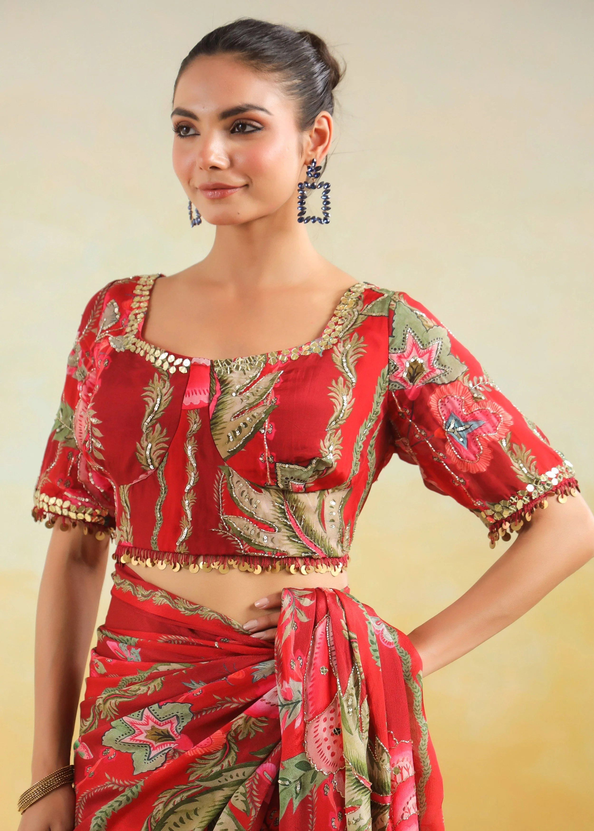 Vibrant Red Printed Chinon Silk Saree - Image 2
