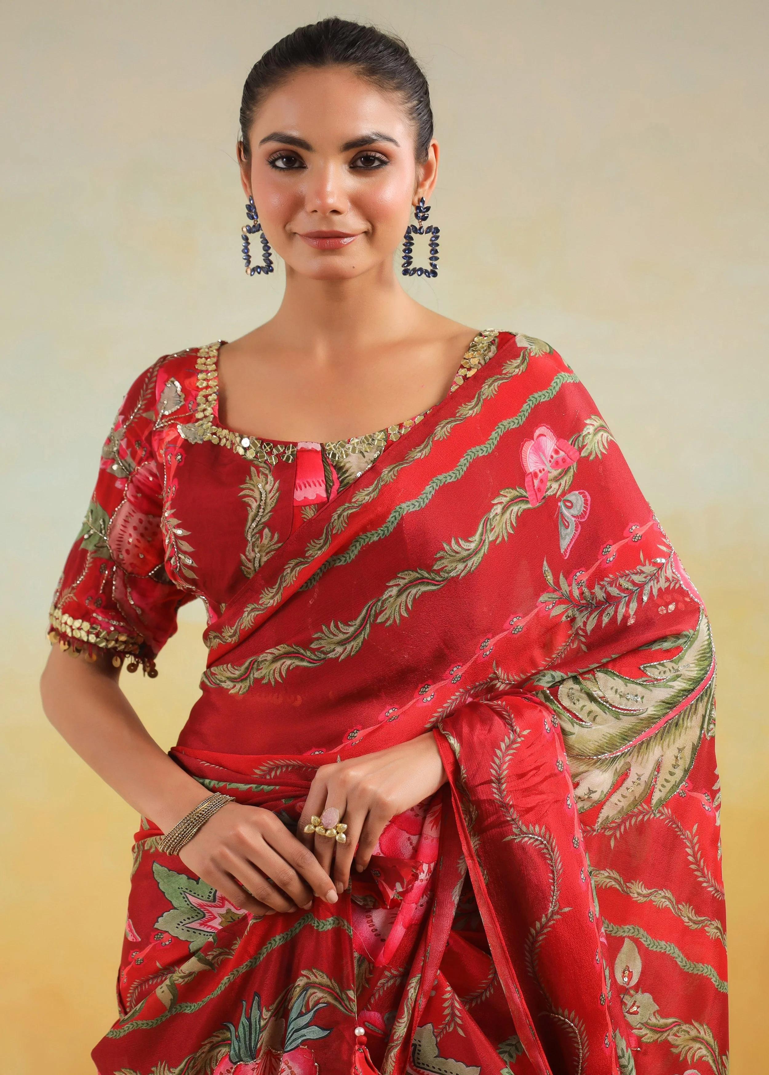 Vibrant Red Printed Chinon Silk Saree - Image 3