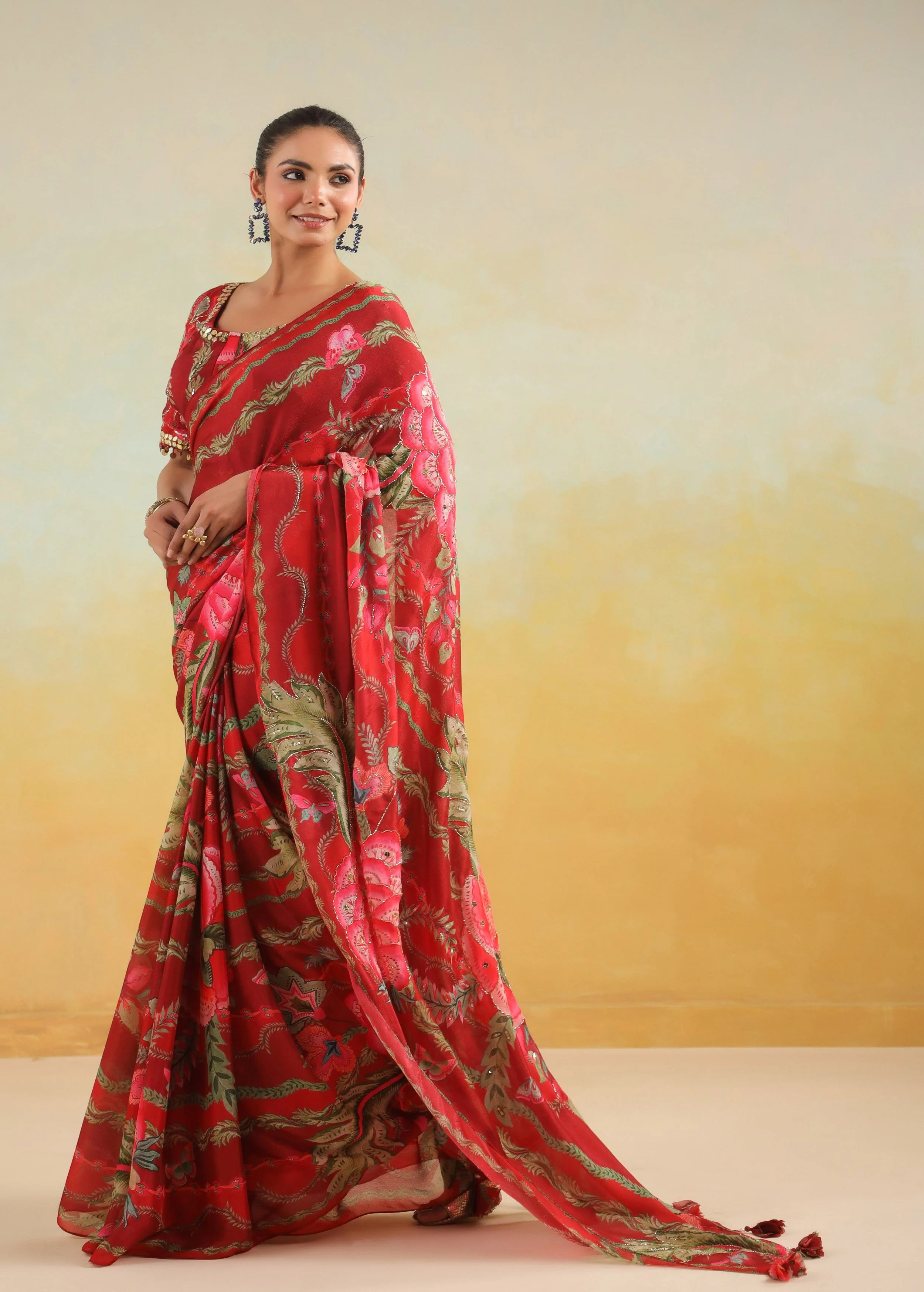 Vibrant Red Printed Chinon Silk Saree - Image 4