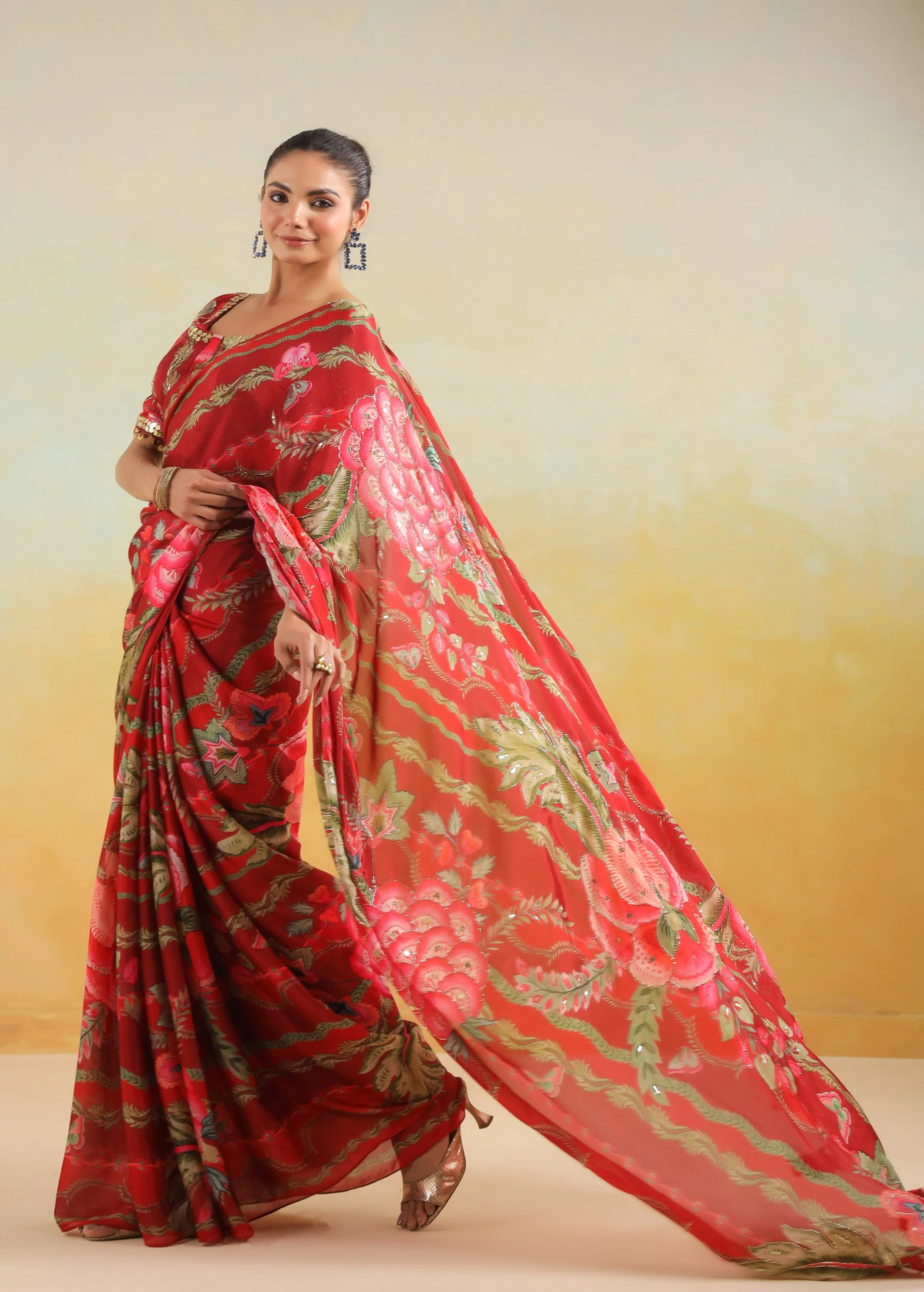 Vibrant Red Printed Chinon Silk Saree - Image 5