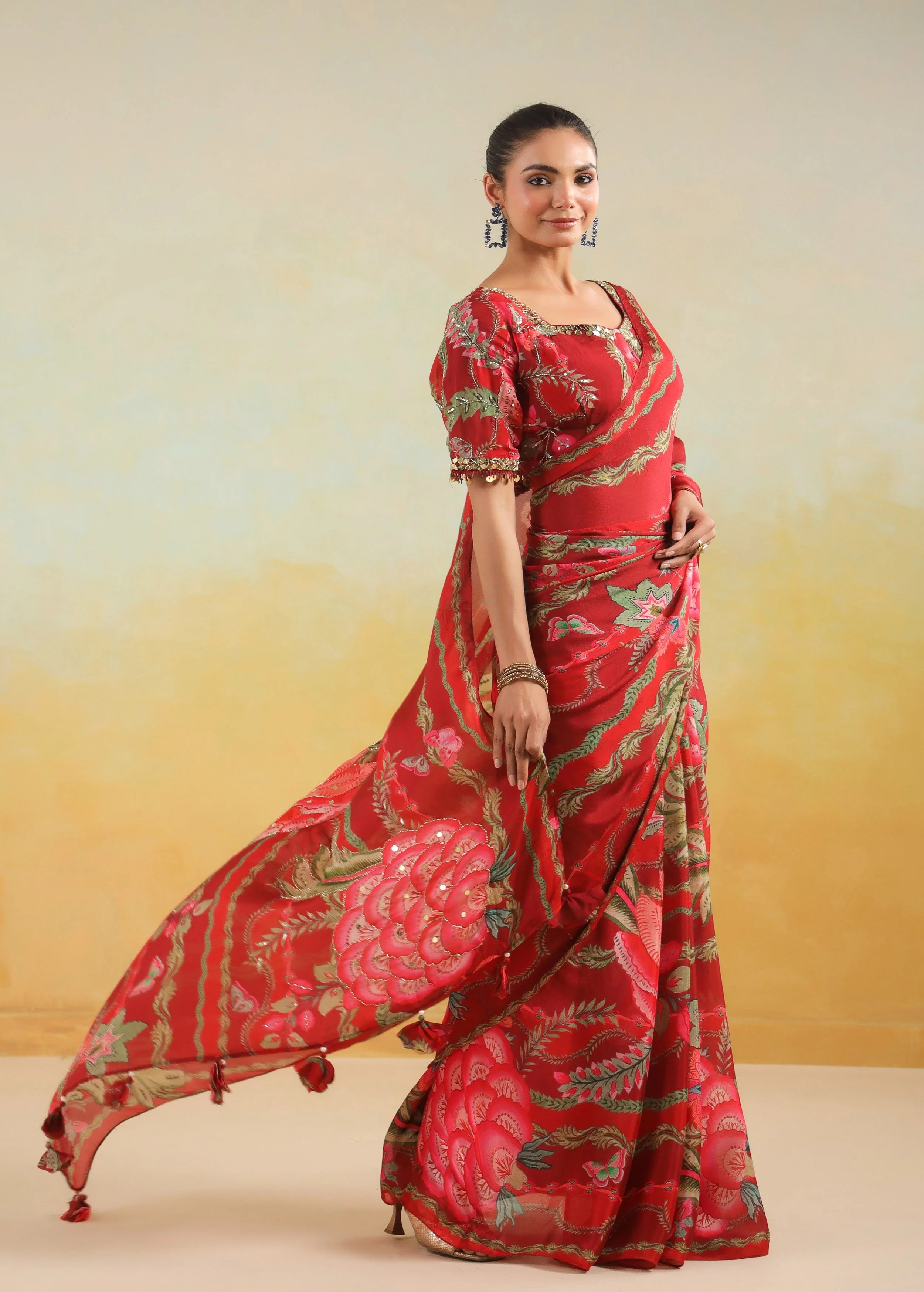 Vibrant Red Printed Chinon Silk Saree - Image 6