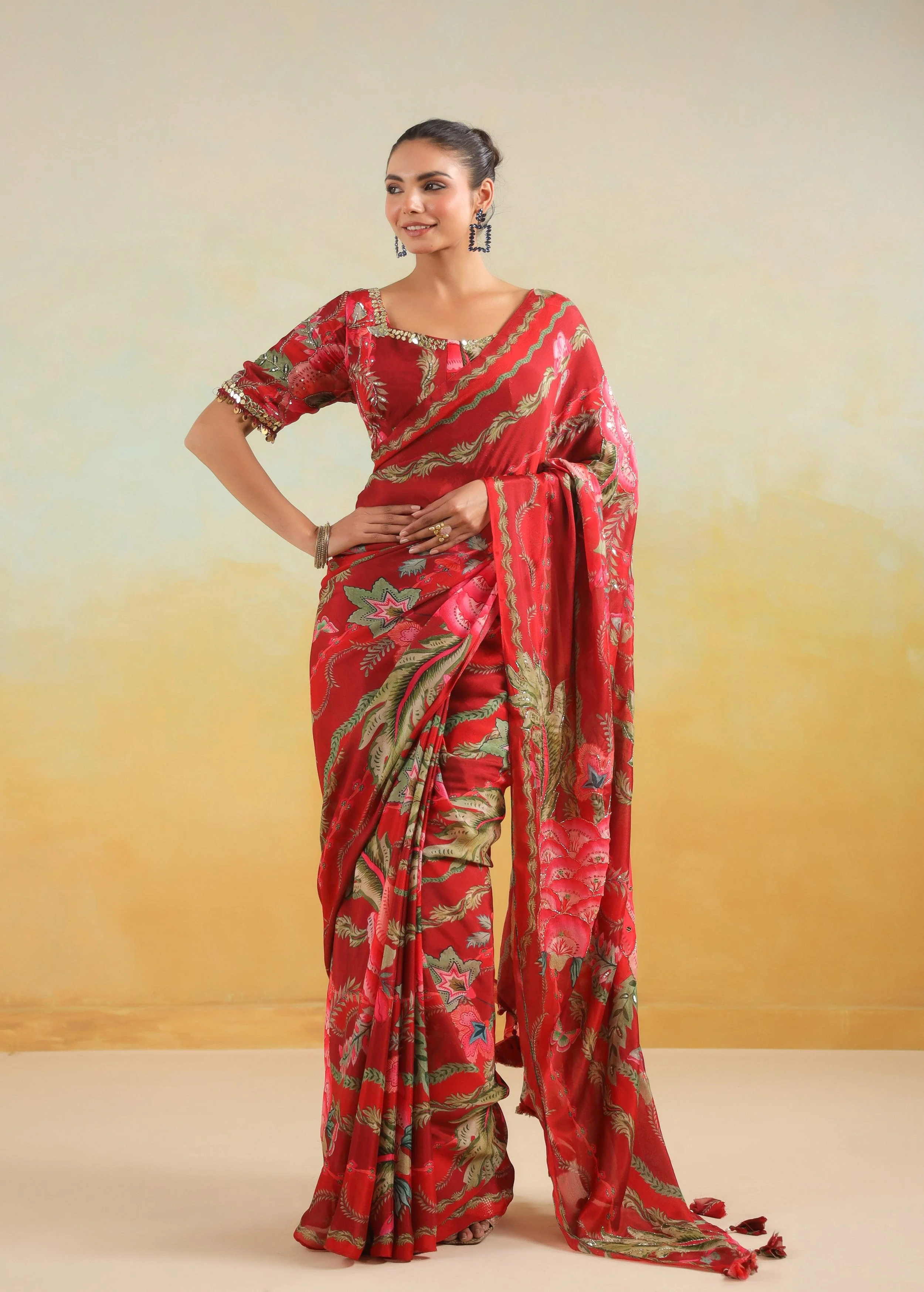 Vibrant Red Printed Chinon Silk Saree - Image 7