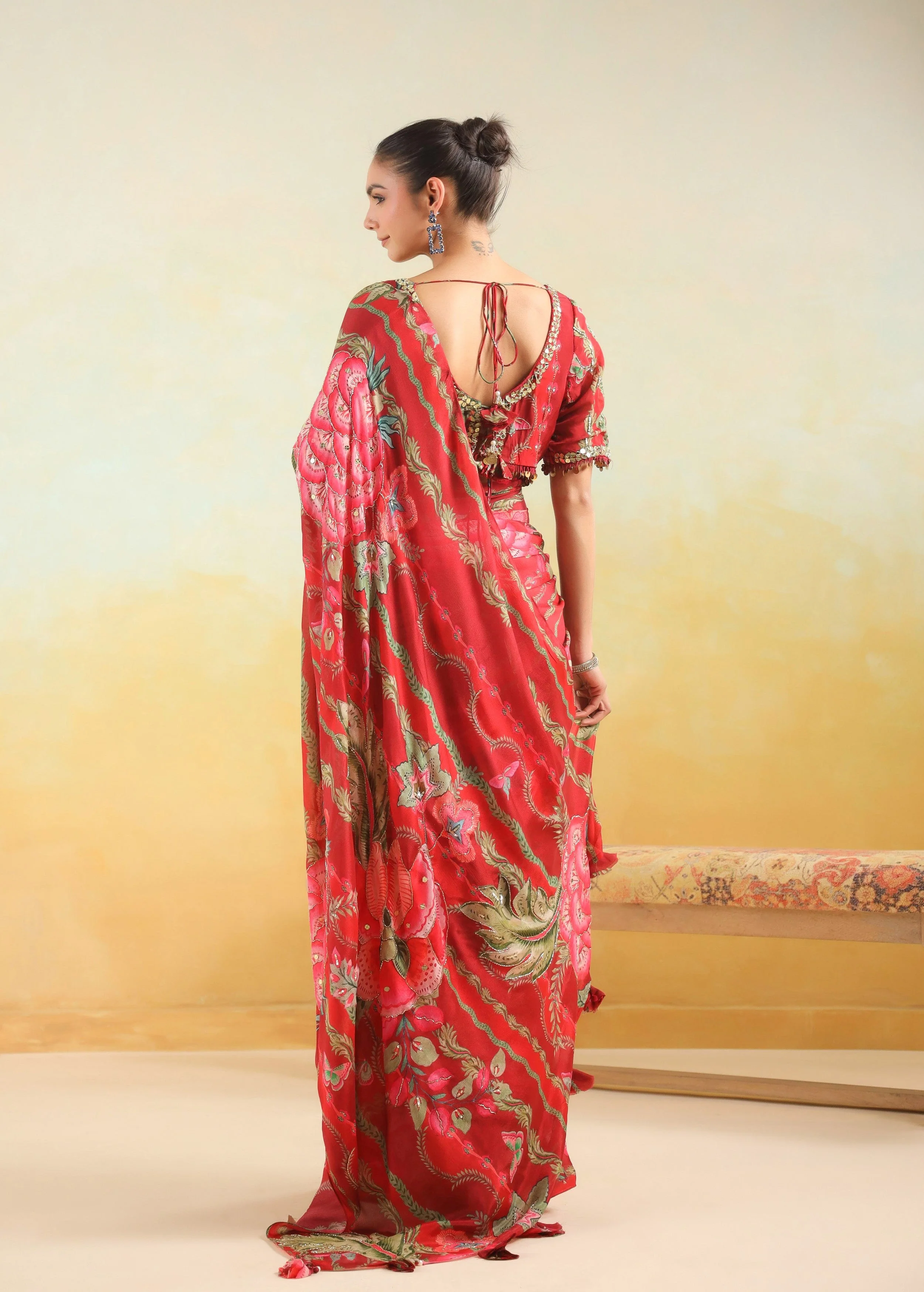 Vibrant Red Printed Chinon Silk Saree - Image 8